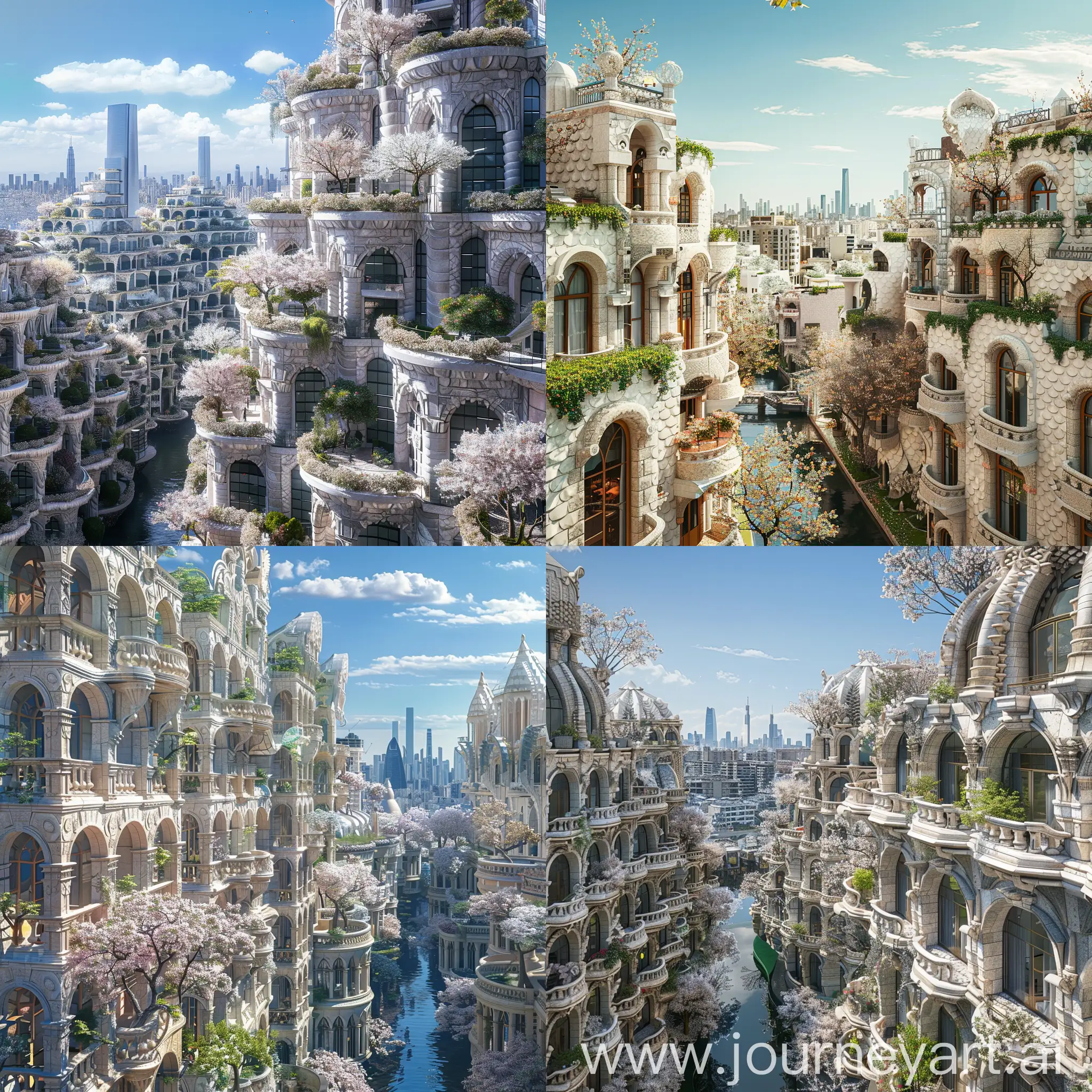 Beautiful futuristic metropolis in an alternate timeline where all buildings retain traditional elements, ornate travertine architecture with scale-like patterns on facades and blossoming trees, monumental terraced buildings, canals, Buenos Aires vibe, spring, supertall skyline in distance, blue sky, photograph