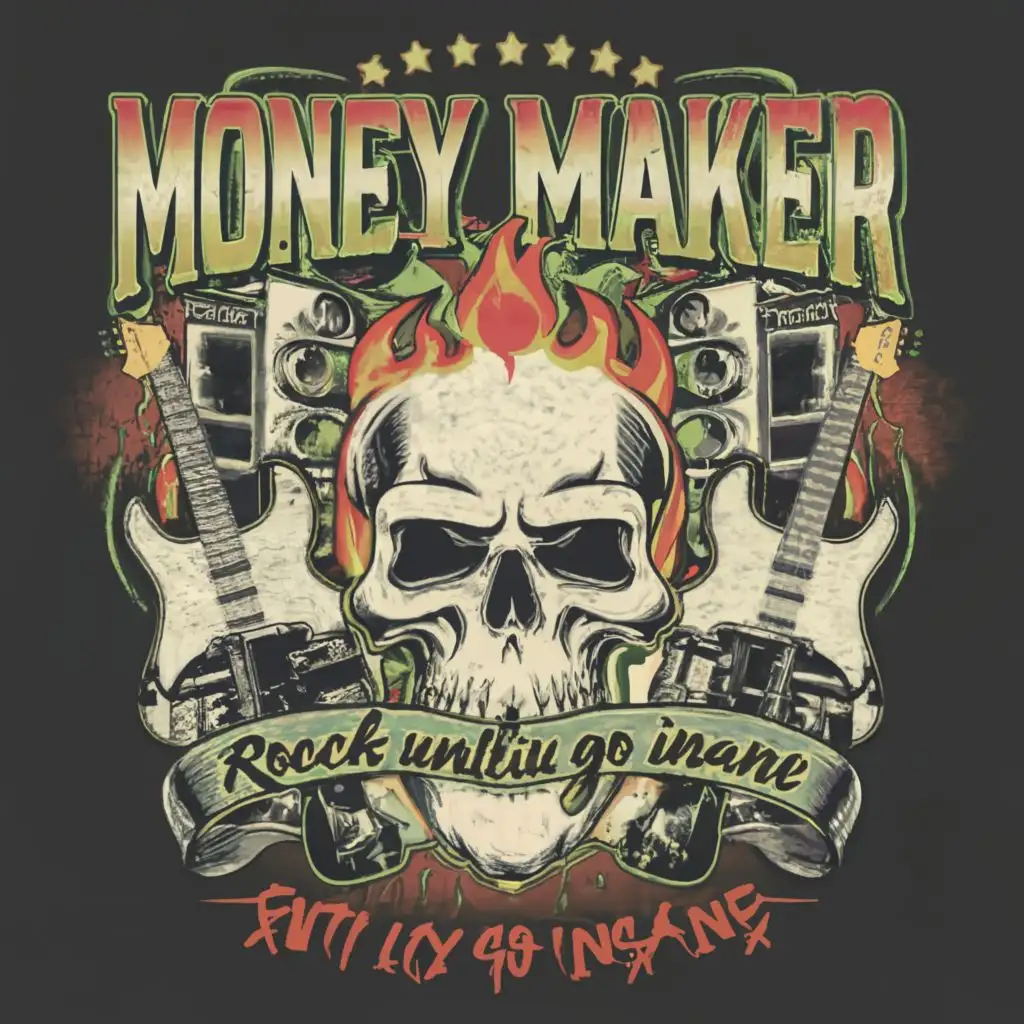 logo, Rock Band, with the text "Money Maker", typography. Make a slogan on the top with text Rock until you go insane. logo is in the head of hotrod with guitars on fire, amps and skulls. Make letters stand out more with sharp letters and clear space between letters. keep the logo like this but make it real life. Keep the Money Maker font like this.