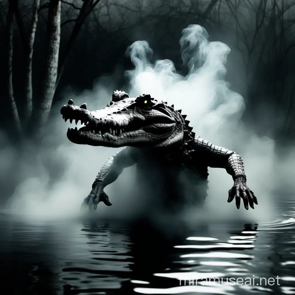 Ghost-Crocodile (floating/spinning)
appreance- neon white/grey/full body /full body/covered in smoke/
background-noir swamp/water/grey/murky
