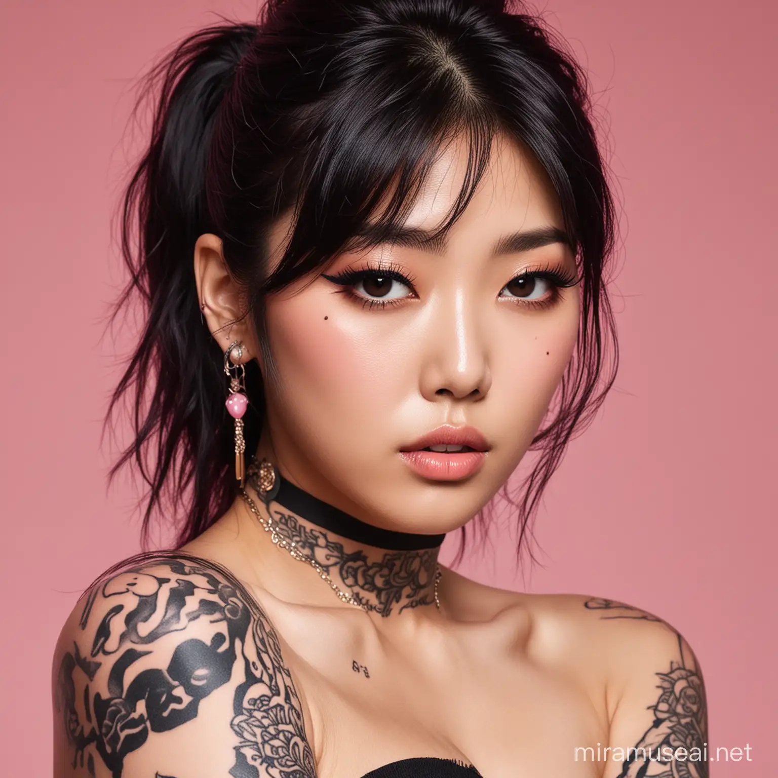 Fierce looking Korean K-pop woman, make it black and pink color themed. She has tattoos. 
