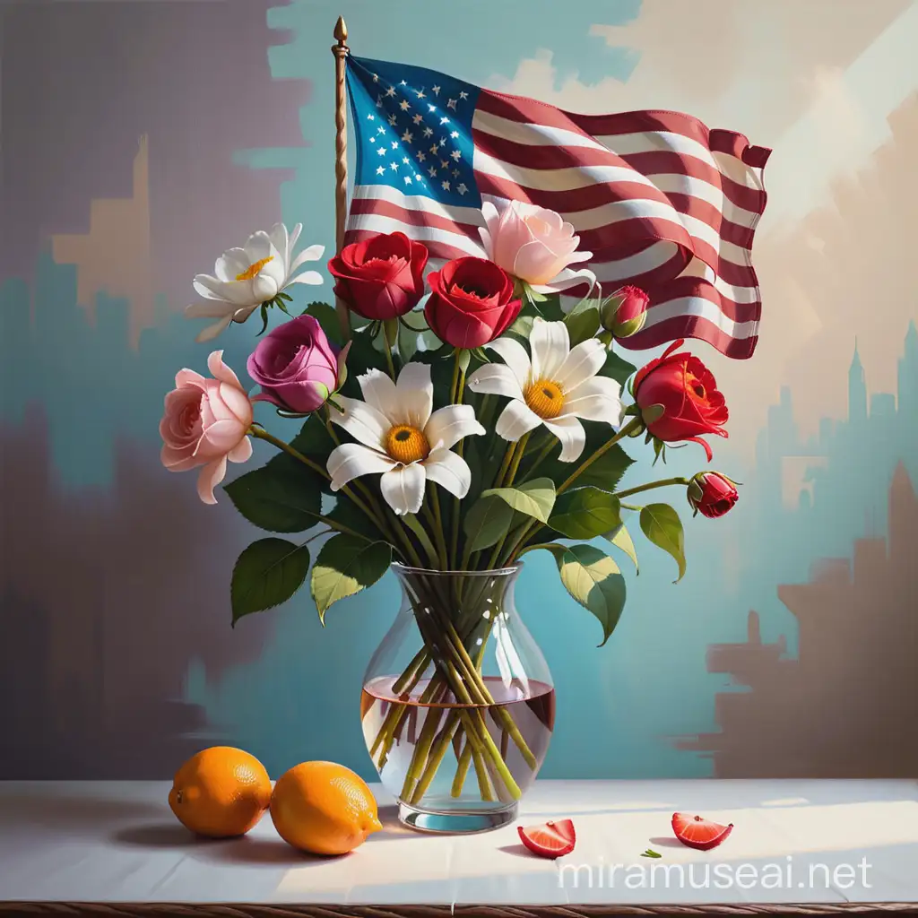 Exquisite Still Life Bouquet and Flag in a Classic Painting