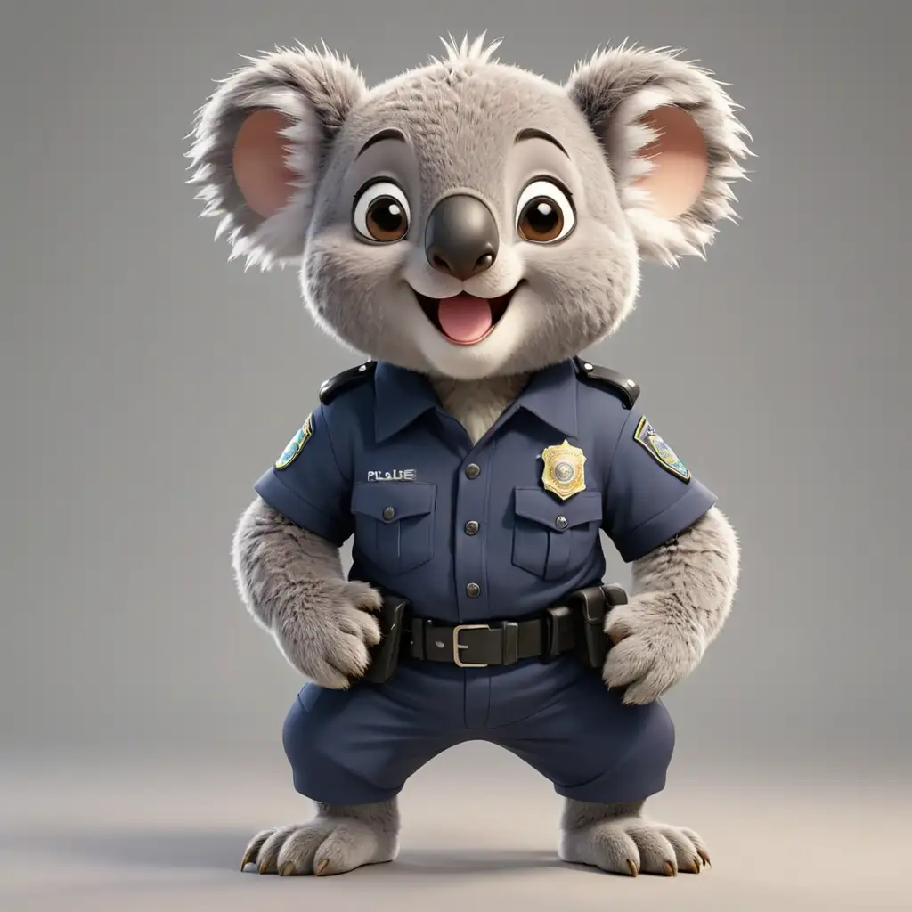 Cheerful Koala Police Officer Adorable Cartoon Character in Full Uniform
