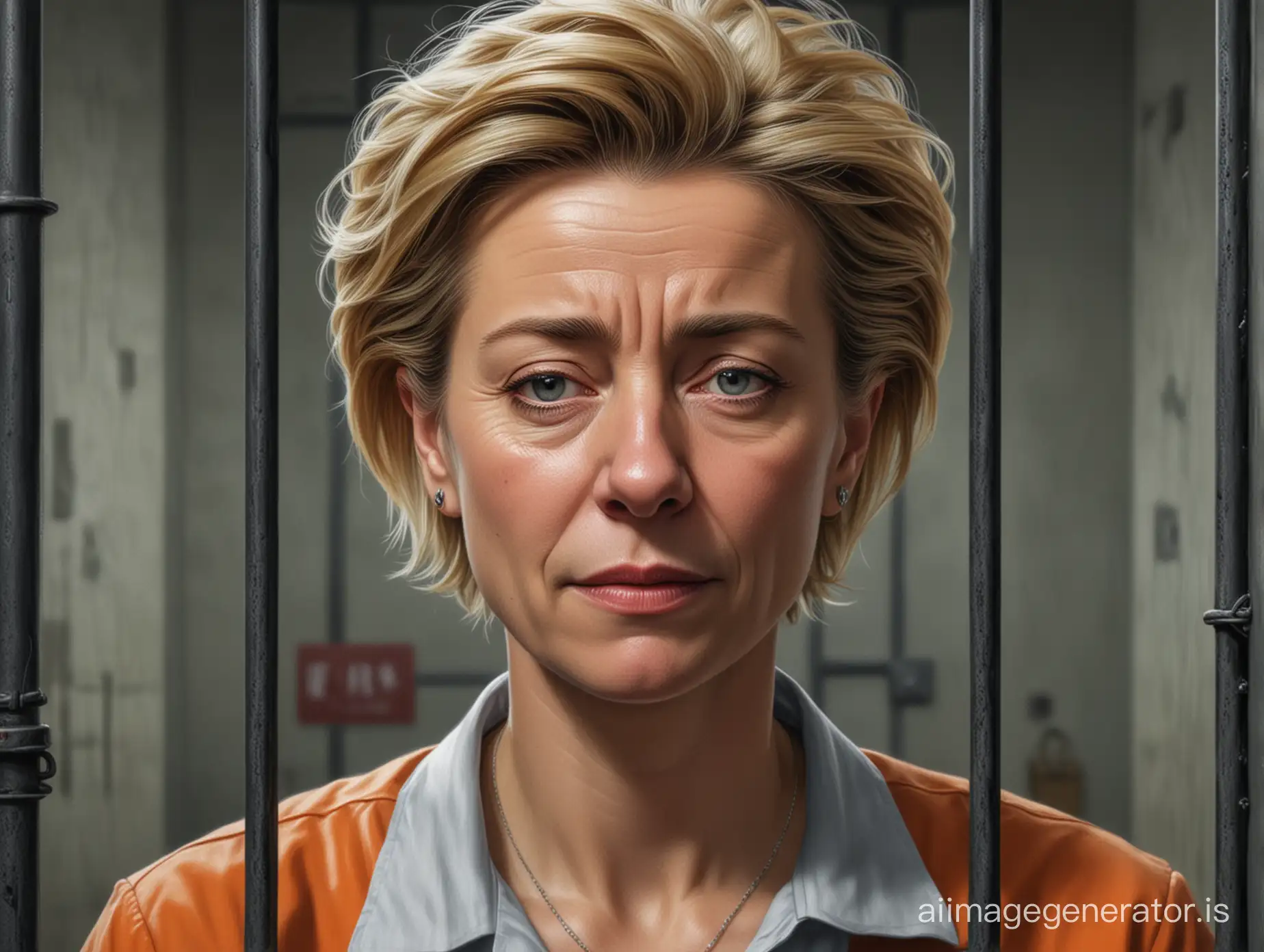 Sad Ursula von der Leyen in jail, realism, realistic, photorealism, detailed, hyperrealistic