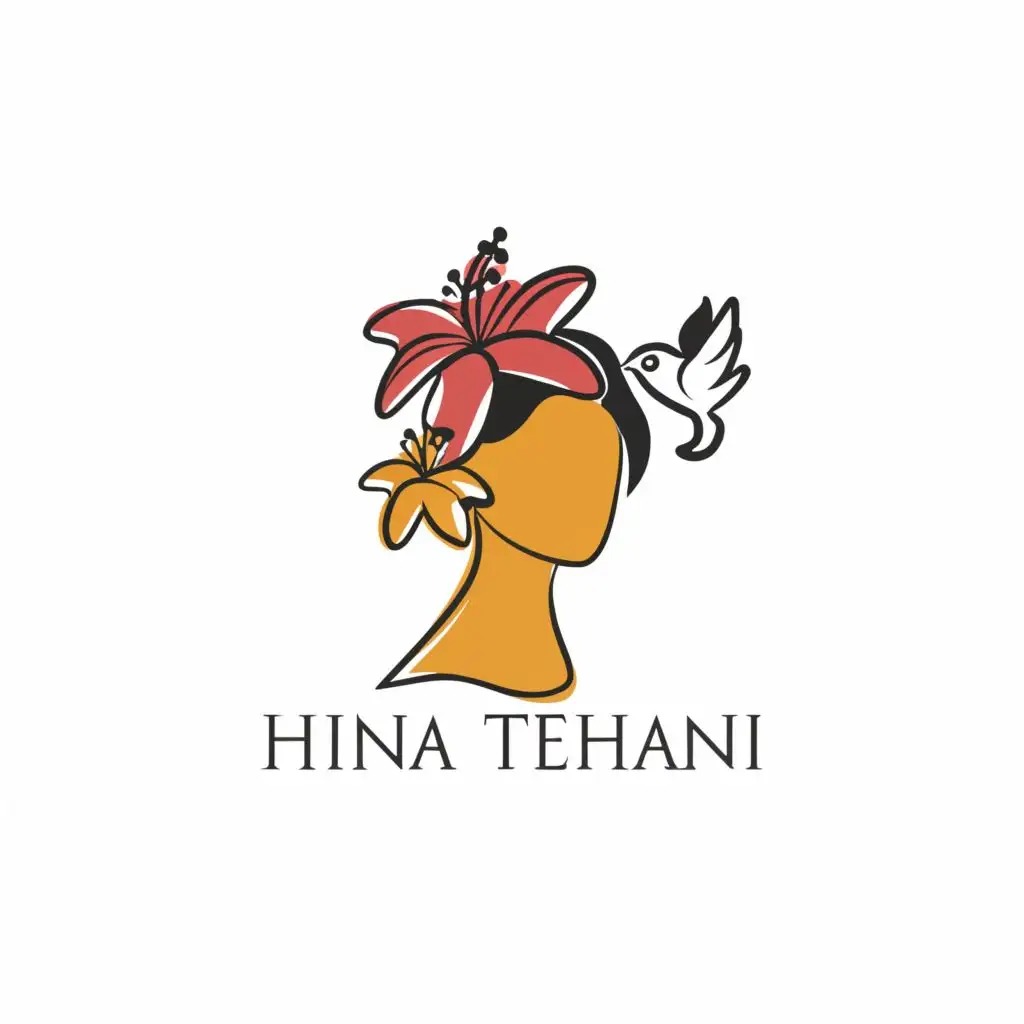 logo, logo, A woman's face seen from the front, with soft features and frangipani flowers. On the woman's head, a bird spreads its wings. The design style is a single stroke, with the text "Hina Tehani", typography