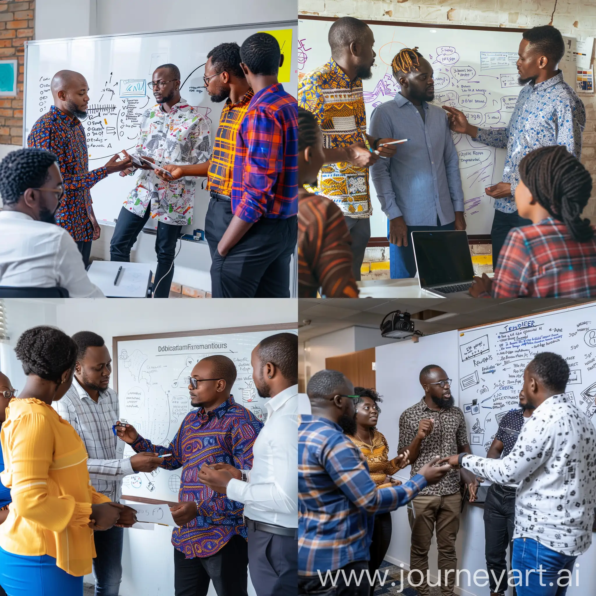 create a vibrant image of three to five 40 year-old African men and women meeting around a whiteboard discussing digital transformation