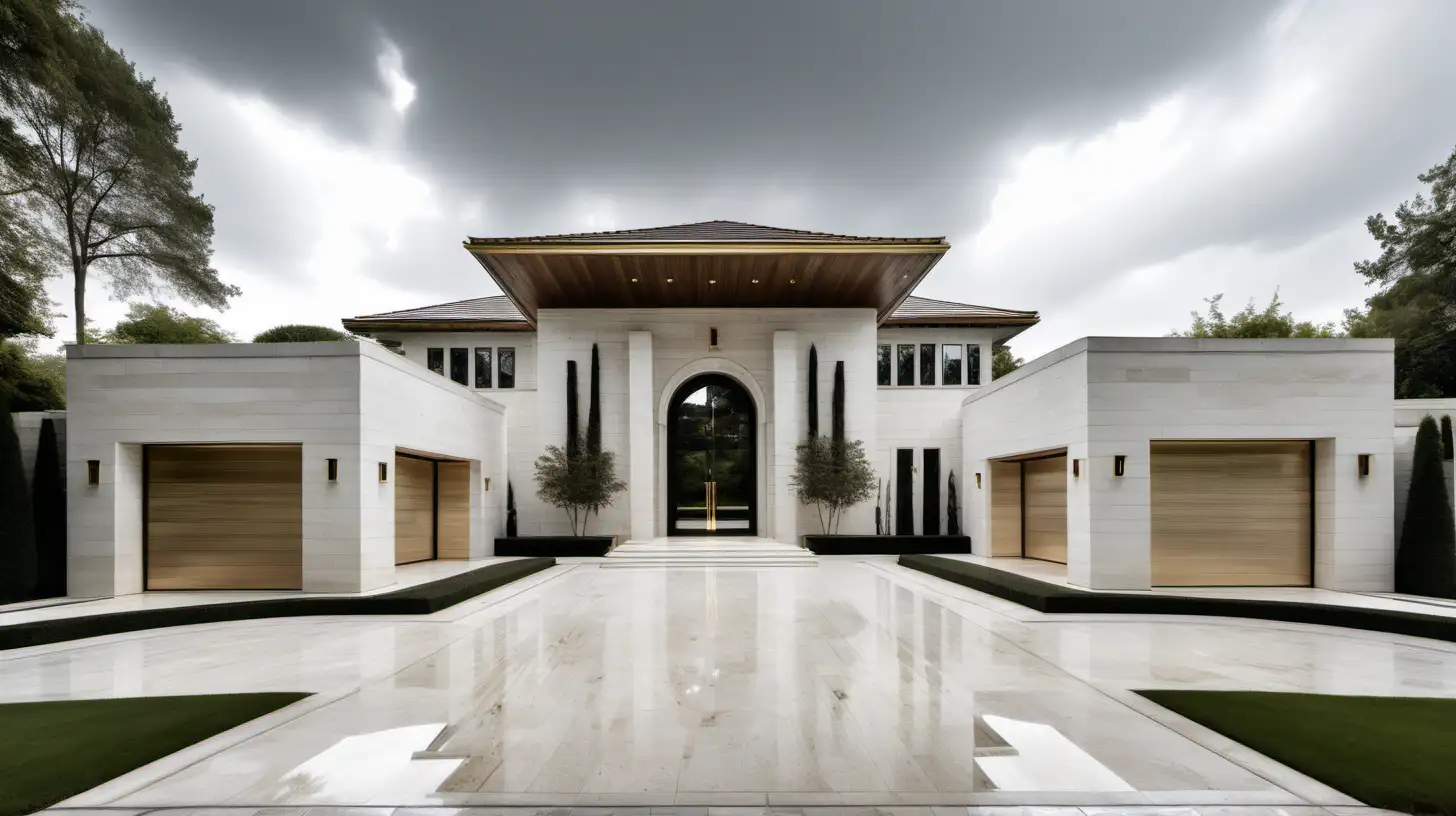 Grand Minimalist Contemporary Estate home exterior; ivory; limestone; travertine; limed oak; brass; limestone waterfalls either side of driveway; double garage either side; white Mercedes G-Wagon in Driveway
