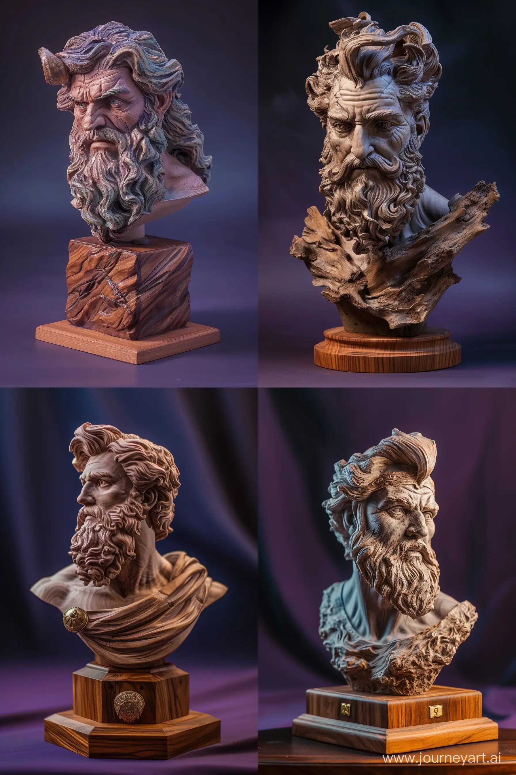A Sculpture of Zeus Wooden Base, Bust Style, Dark Purple Background, Cinematic Pose, Wide Shot, High Precision --v 6.0 --ar 2:3