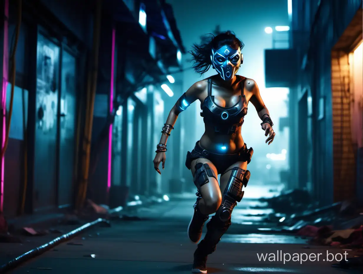 Glowing body of Indian Female masked half humanoid body, running at edge of Cyberpunk building in night at Cyberpunk City, left angle view