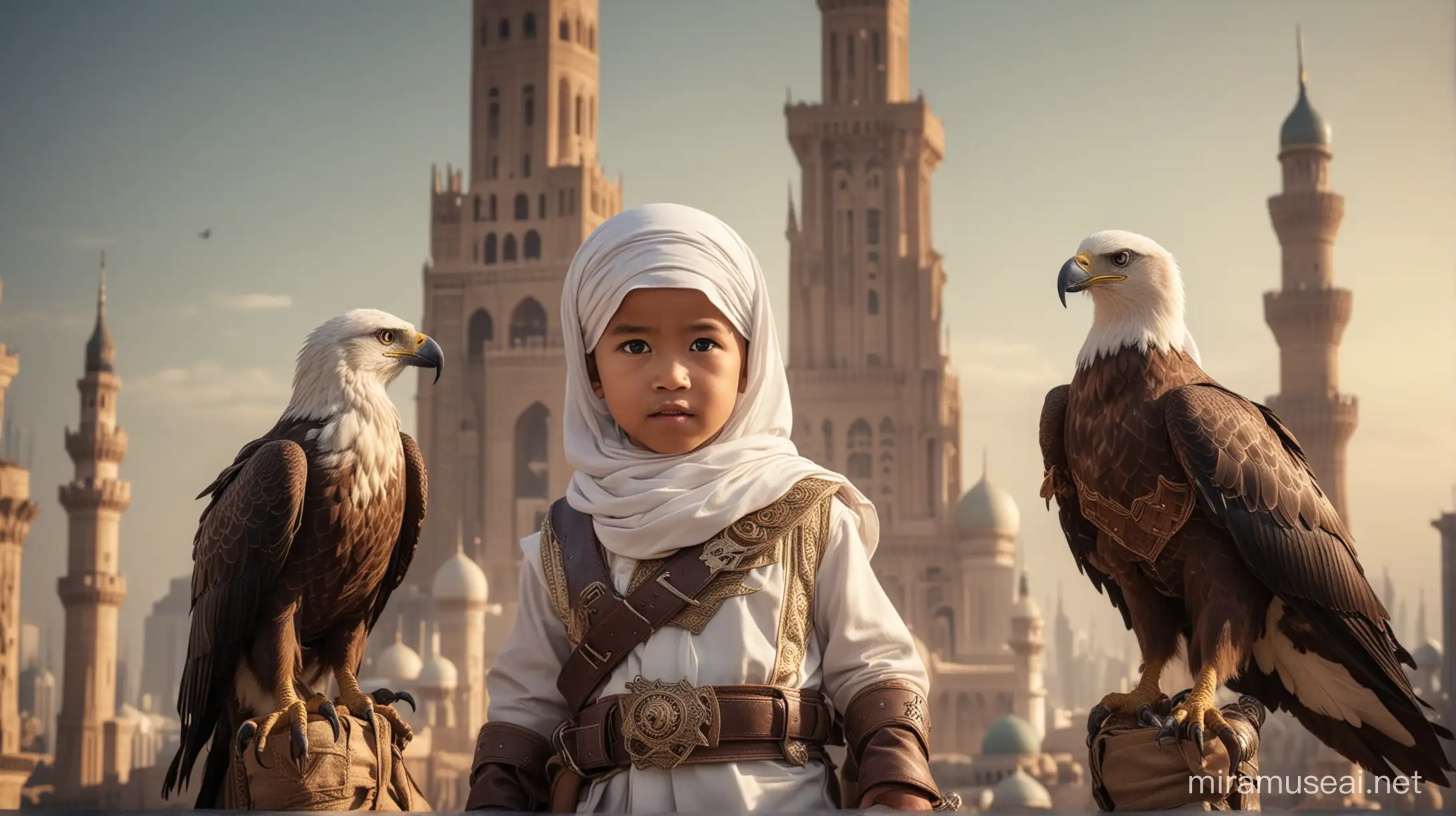 Indonesian Boy in Pure Muslim Arabian Assassin Cosplay with Eagle on Hand
