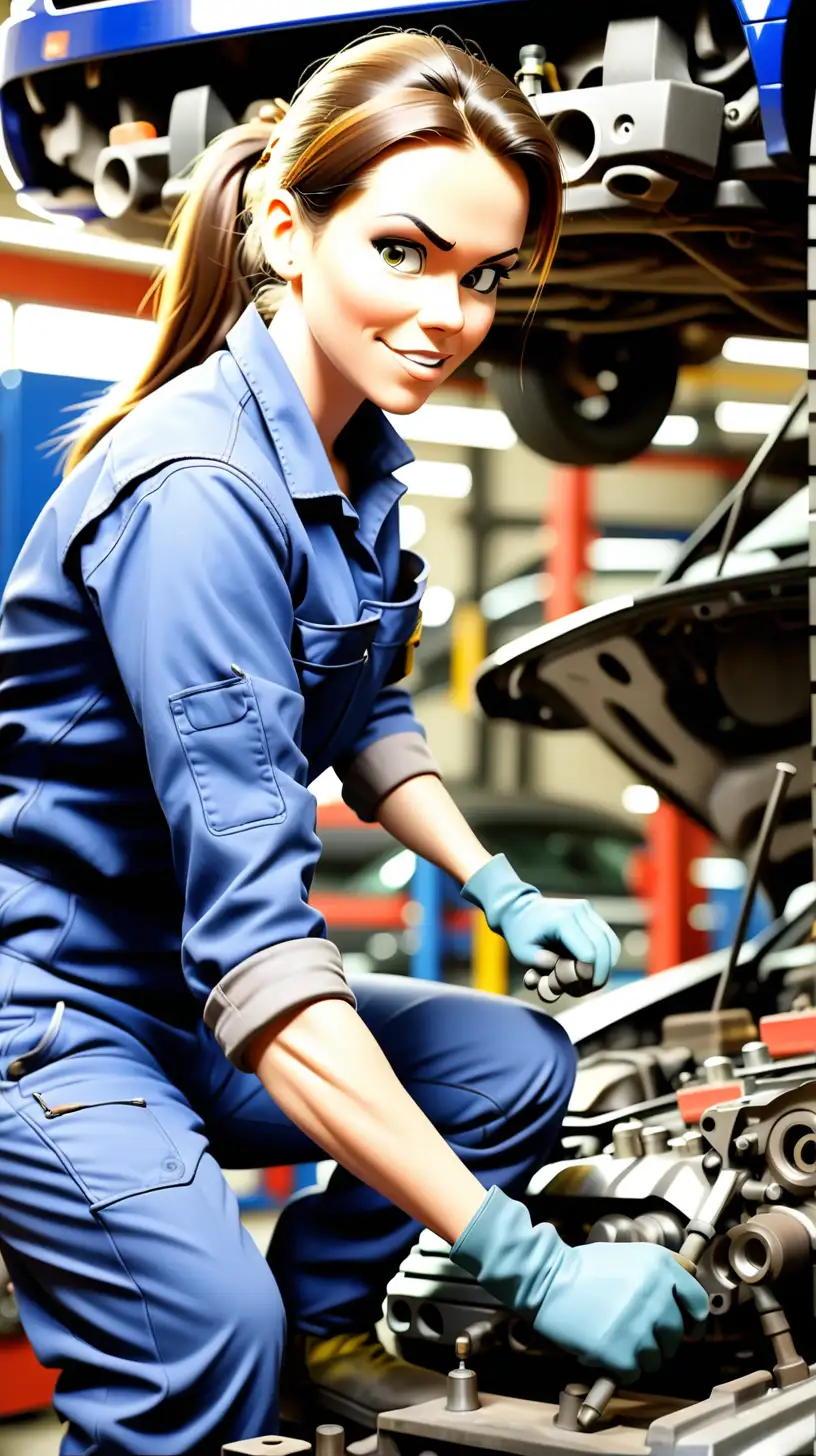 a professional female car mechanic, at work, working on a vehicle
