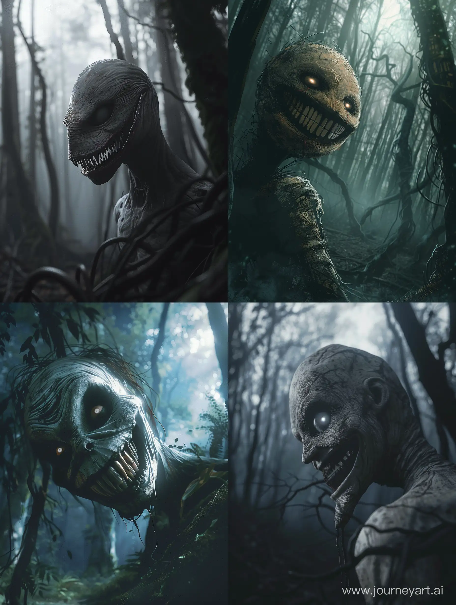 a not quite human terrifying creepy character smiling in a dark forest, head tilted to the side, videogame concept art