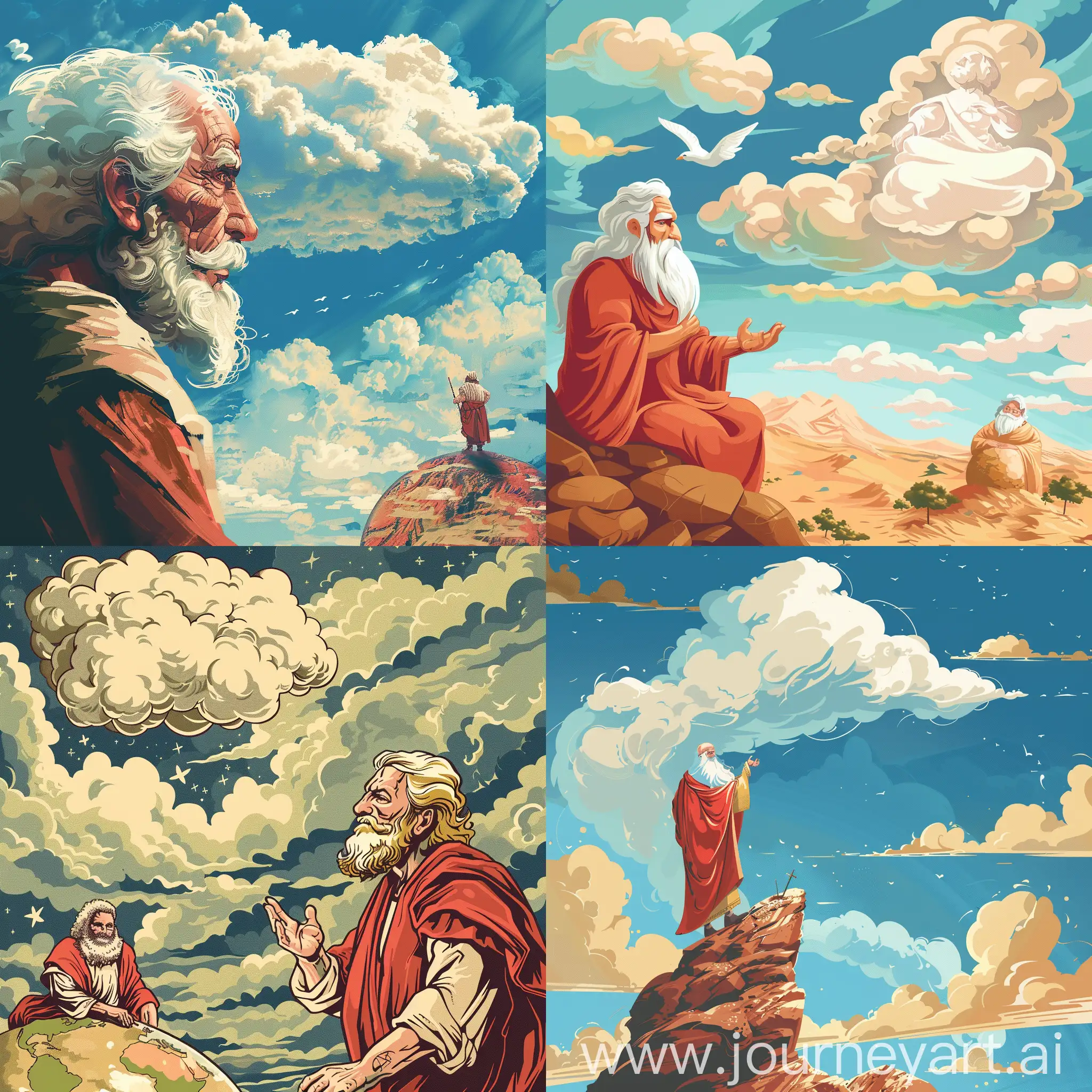 Illustration for website - God in the cloud in the sky and godfather on the earth