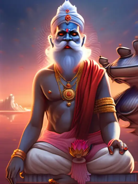 Male Creator named Brahma ji,Blue skin color, three-headed creator of the universe, Long white beard,White hair,Red eyes,with Gold Crown in head,sitting on pink color lotus, wearing red Dhoti, wearing gold ornaments, giving advice