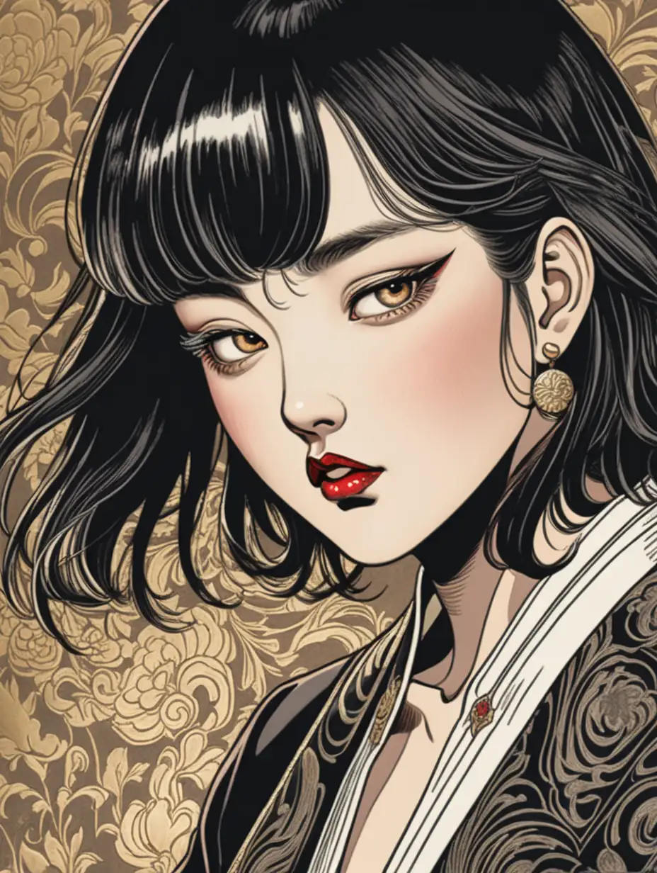 a [ Liu Xiaoqing], in the style of color noir comic art, close-up intensity, golden age aesthetics