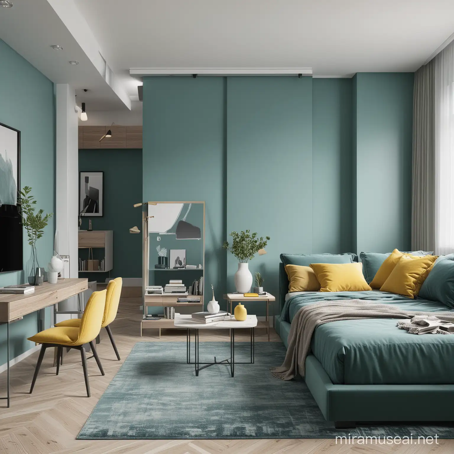 Modern styles living room and a bedroom design with a monochromatic colors scheme of blue green and yellow