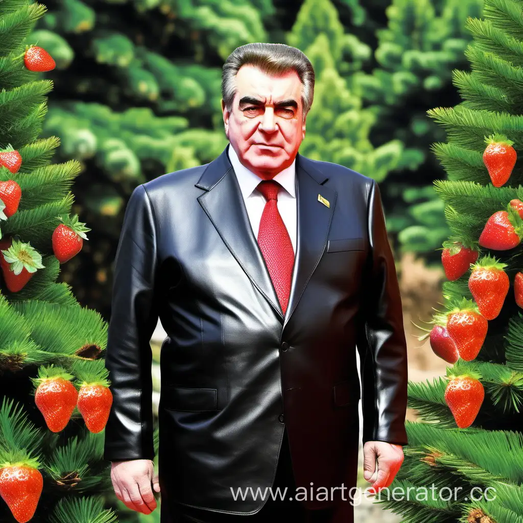Президент Таджикистана Рахмонов в кожаном обтягивающим наряде с шипами задний фон елка в руках клубника