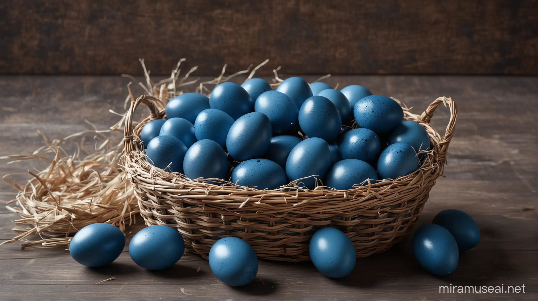 Decorated Dark Blue Easter Eggs in a Basket