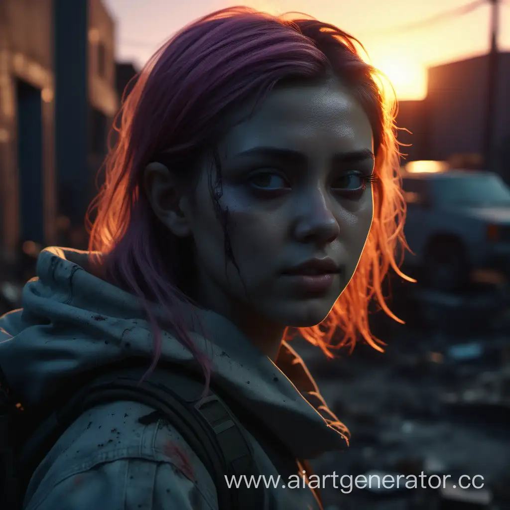 girl, sunset, maximum realism, global illumination, chromatic aberrations, cinematic lut, A real human, the general plan, depth of field, post-apocalypse, other worlds