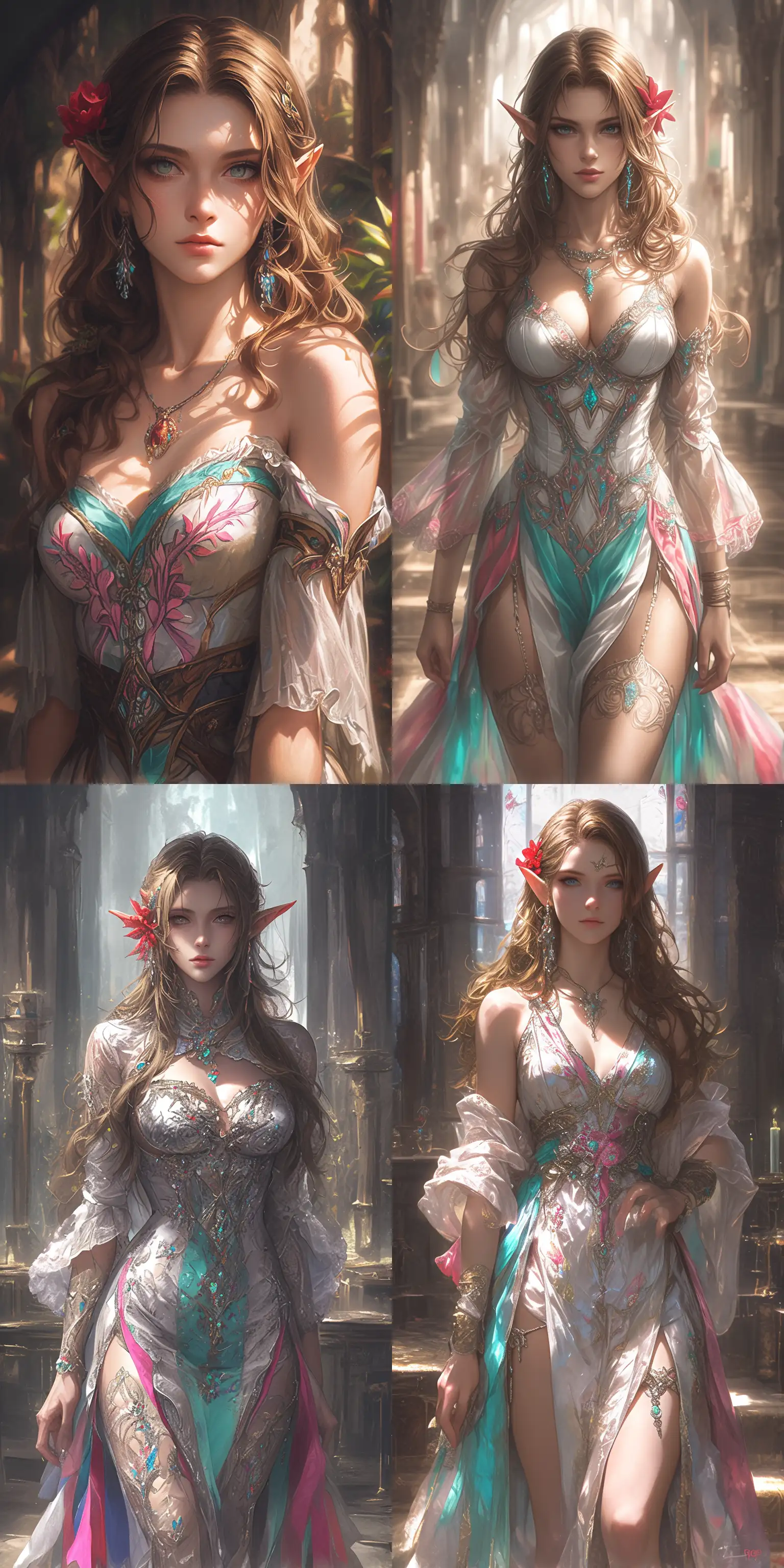 femme elf , cheveux brun et chatin , porte une robe elfique riche blanche avec de fin detail rose et turquoise et argenté , séduisante , dans une salle de bal d'un château très ancient , une fleure rouge dans les cheveux , high detail --ar 1:2 --stylize 750 --niji 6