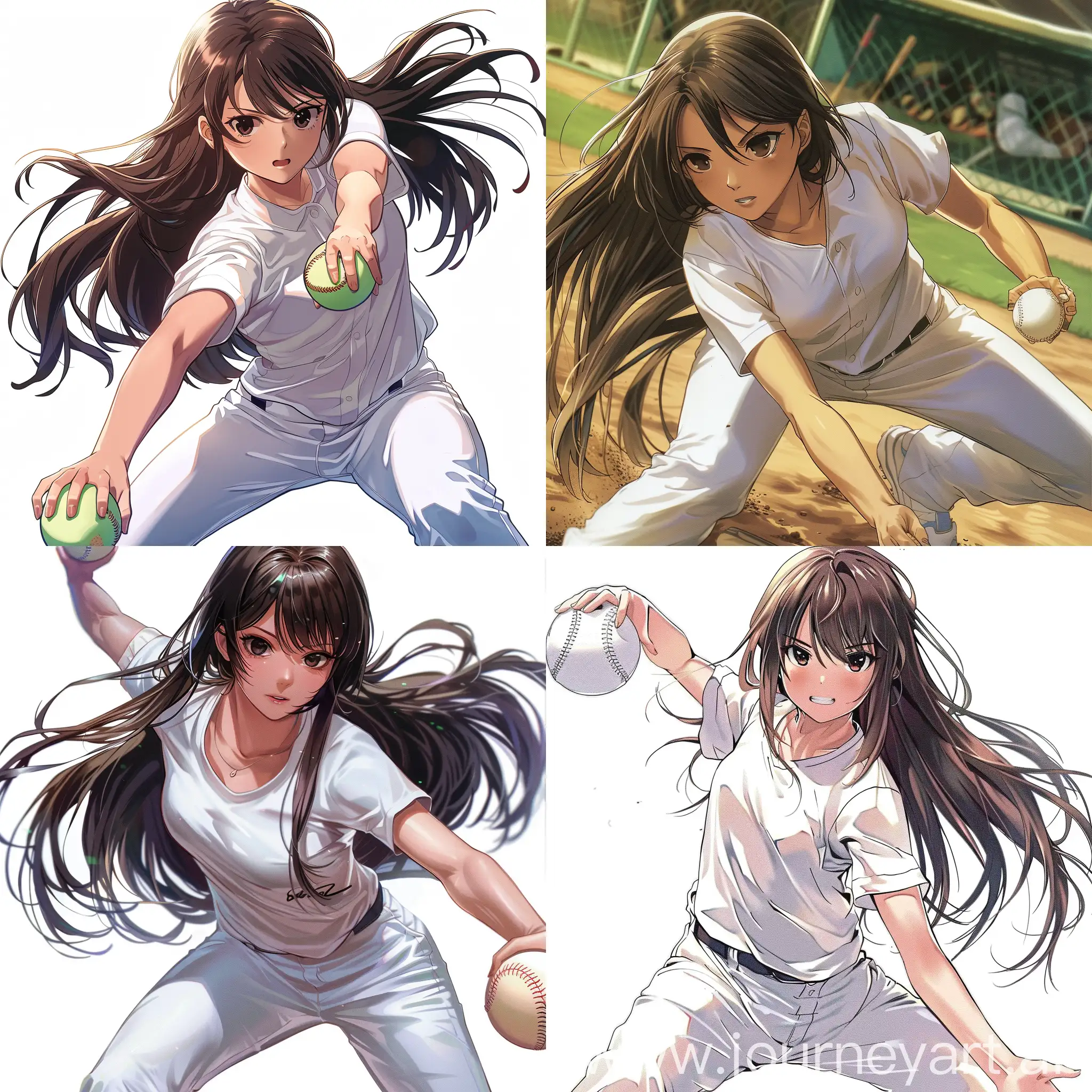 a girl with long brown hair, dark eyes. she is playing softball. she has a white t shirt and white pants