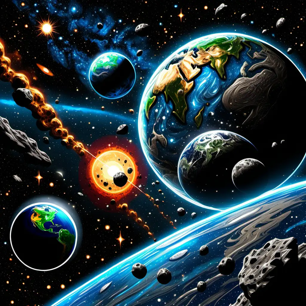 marvel comic style galaxy with the planet earth and moon in space with asteroids