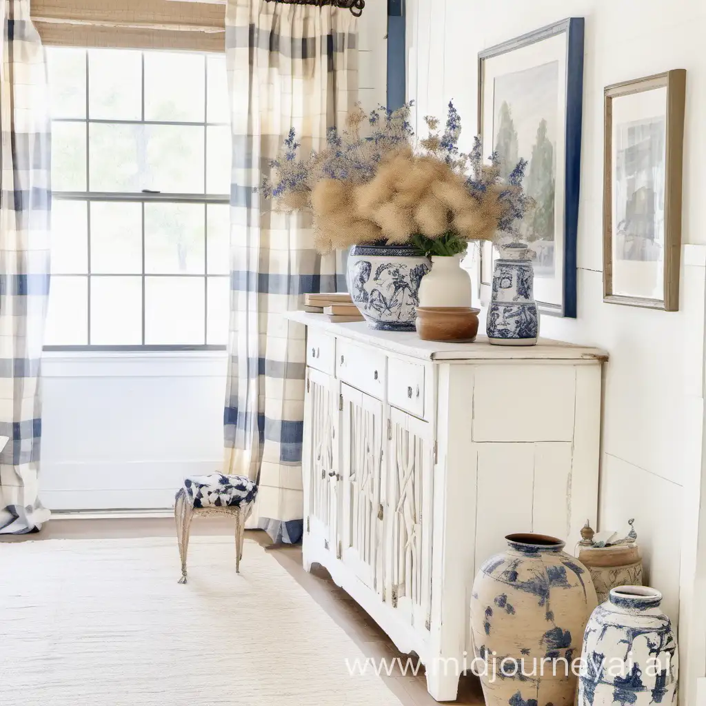 a white living room with furniture and fireplace, in the style of americana, indigo pottery, tan and white buffalo check curtains, meticulous design, VASE OF TALL WILDFLOWERS ON a natual wood coffee table, oil paintings, southern countryside, textural harmony,--ar2:3