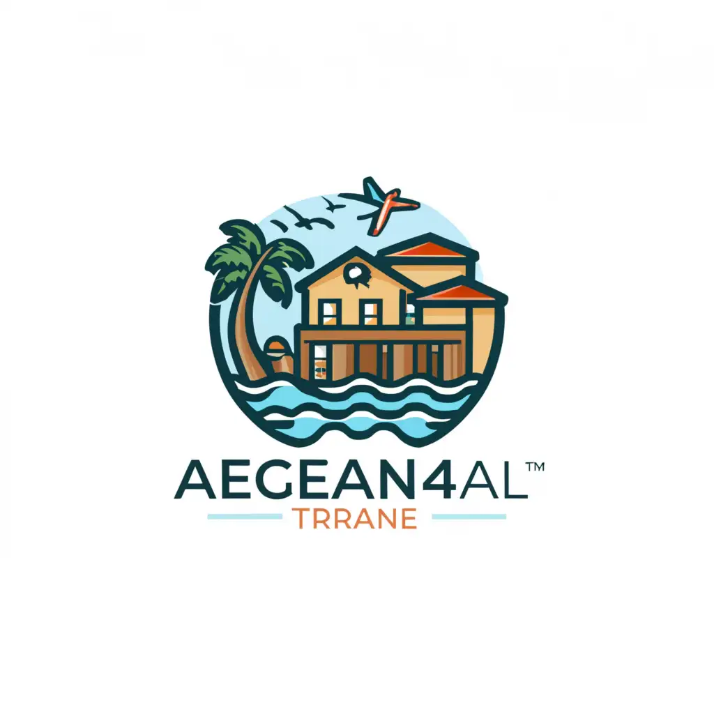 a logo design,with the text "Aegean 4All", main symbol:Villa on Bank of sea, holiday tours, events, tours, plam tree, touristic, airoplane, in detail design.,complex,be used in Travel industry,clear background