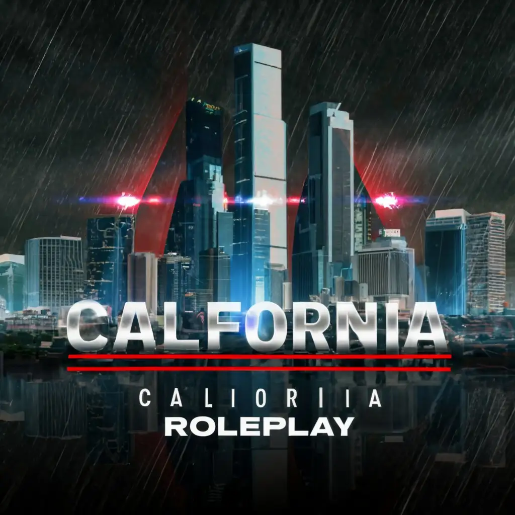 a logo design,with the text "California State Roleplay", main symbol:Blue and red lights flashing off skyscrapers in the rain while the police are in an intense battle with criminals. While planes are flying through the sky.,Moderate,clear background