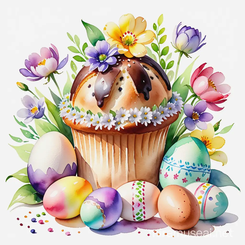 Easter Kulich Eggs and Flowers on White Background Watercolor Illustration