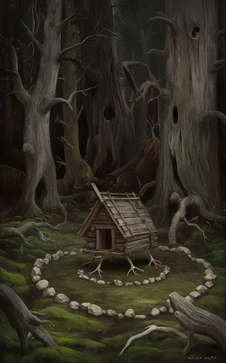 Enchanting-Oil-Painting-of-Mysterious-Russian-Forest-with-Witch-Hut-on-Chicken-Legs