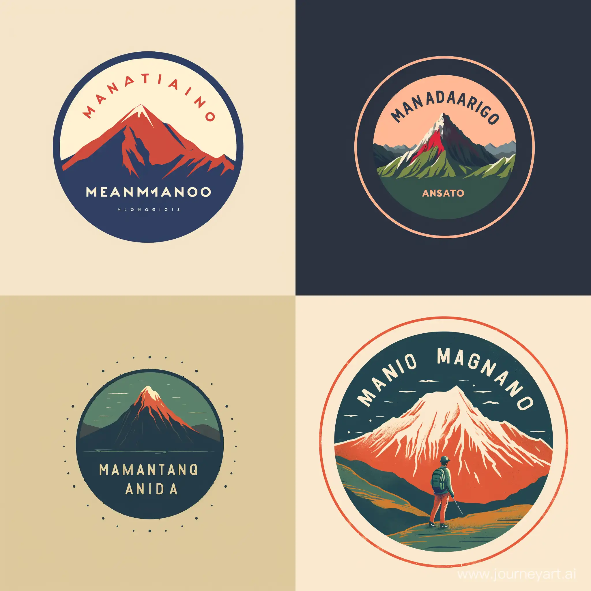 Minimal logo of a tour guide, mountain chain profile, volcano palette, word "Magmando" embroided, Patagonia logo style