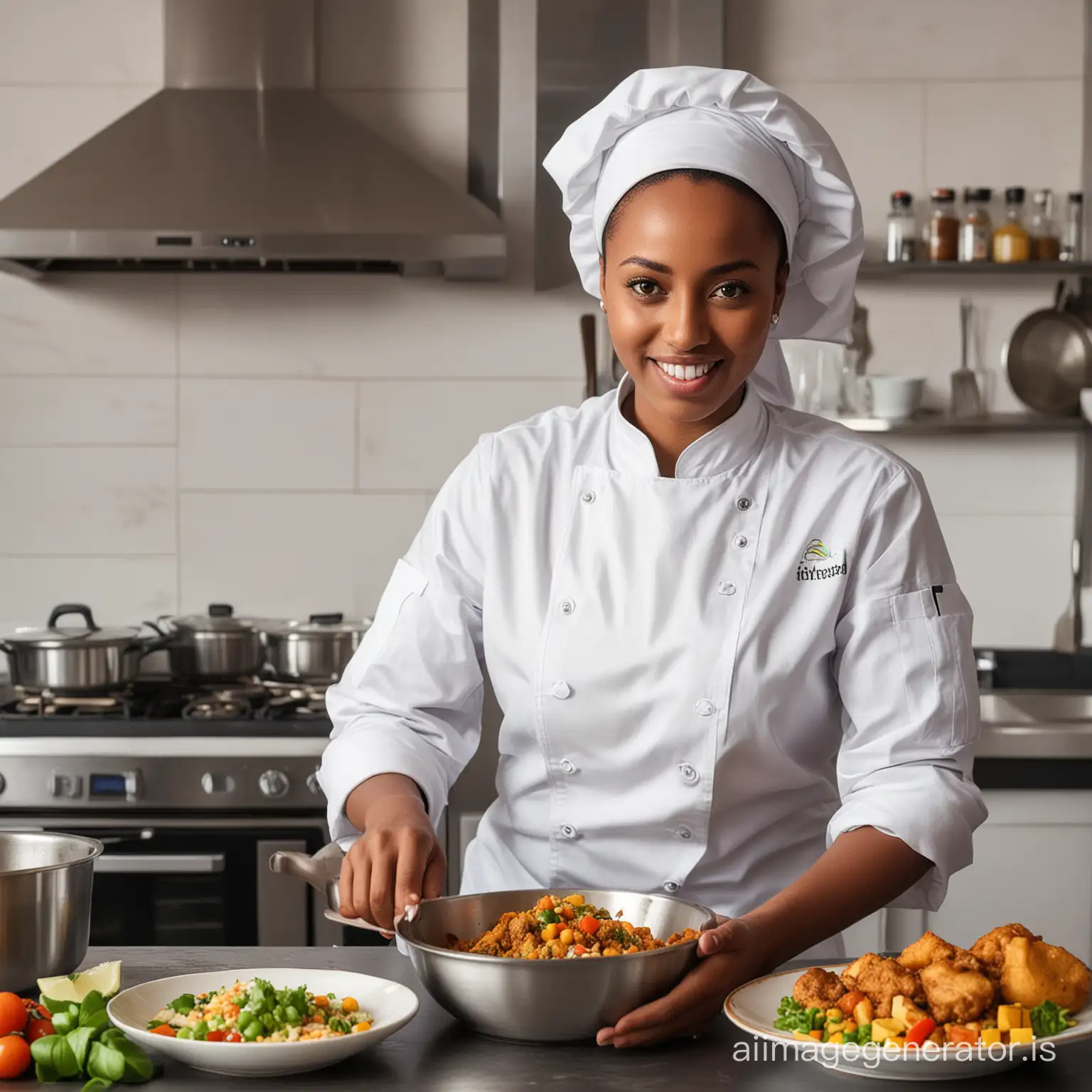 A beauty ethiopian chef cooking food at the modern kitchen