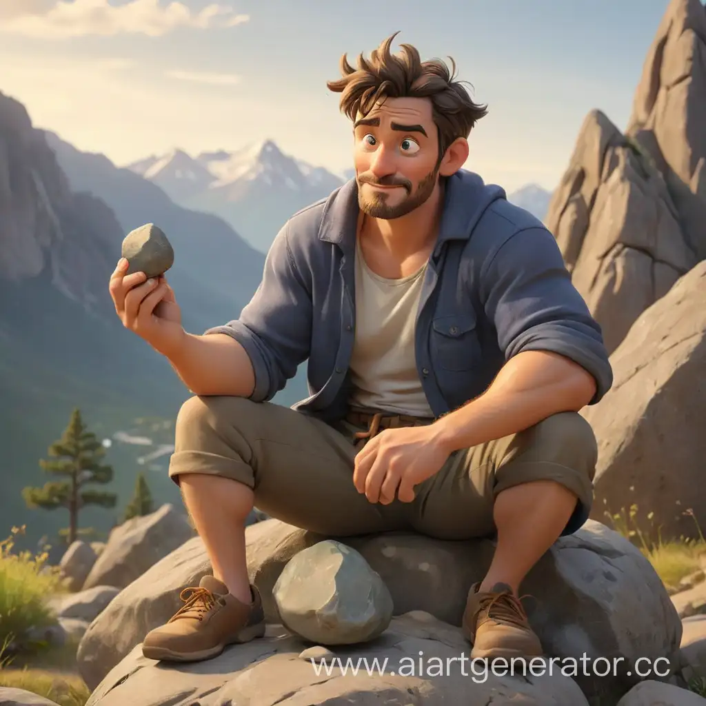 Cartoonish-Man-Sitting-on-Rock-Holding-Stone