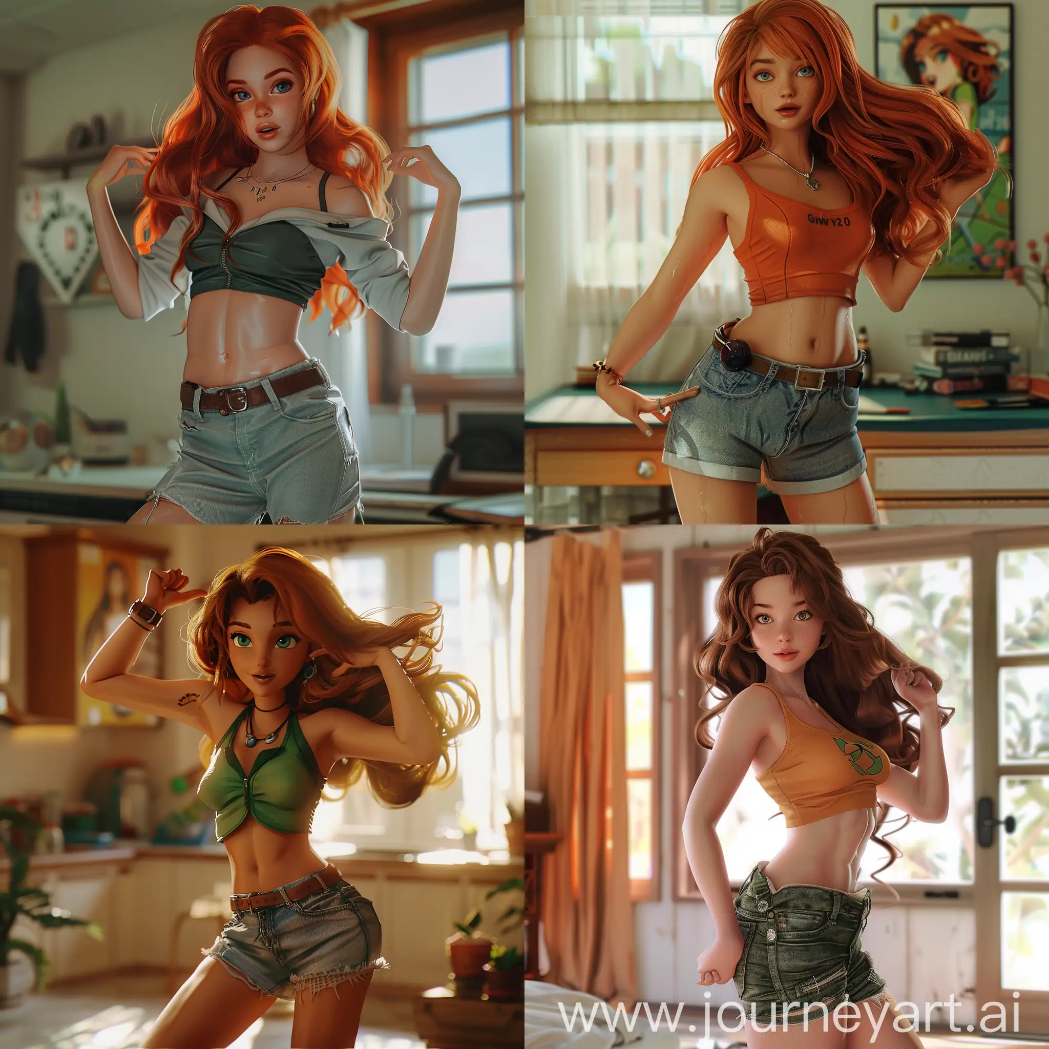 a stunning photo of a very beautiful curvy, Gwen Tennyson from Ben 10 animation series, wearing casual everyday attire and posing playfully, casual home background, hyperrealistic, photorealistic, waist shot, half body shot