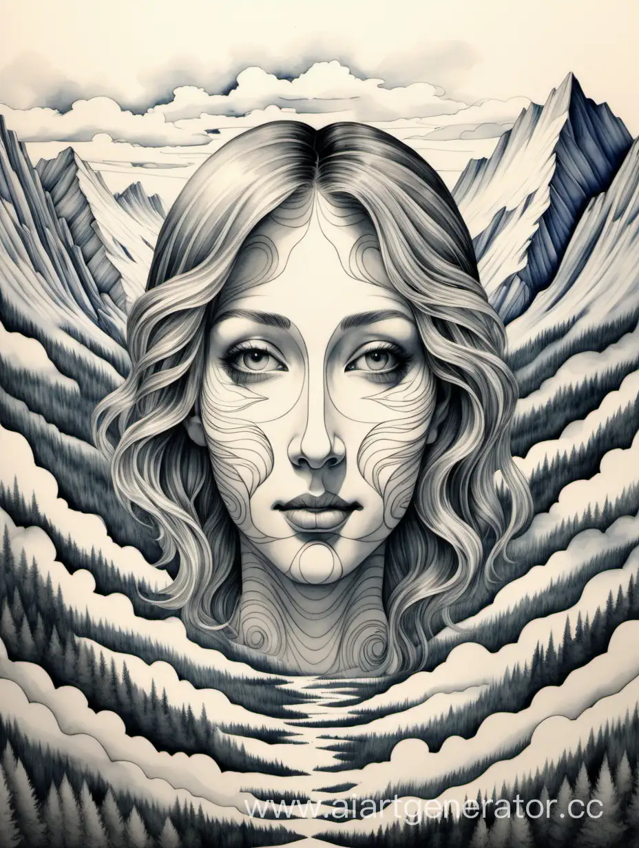 Hidden-Female-Face-in-Landscape-Optical-Illusion-Watercolor-Art