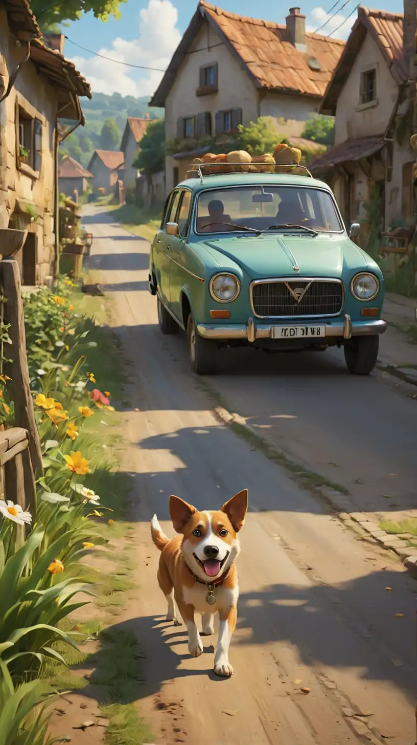Create a 3D illustrator of an animated scene where  along a quiet village road. As a vehicle approaches in the distance, the dog's ears perk up, and it springs into action. With boundless energy, the dog darts after the passing vehicle, its barks echoing in the peaceful surroundings. Despite the futility of catching the speeding vehicle, the dog's determination and enthusiasm are palpable, adding a touch of whimsy to the rural setting. Beautiful, colourful and spirited background illustrations.