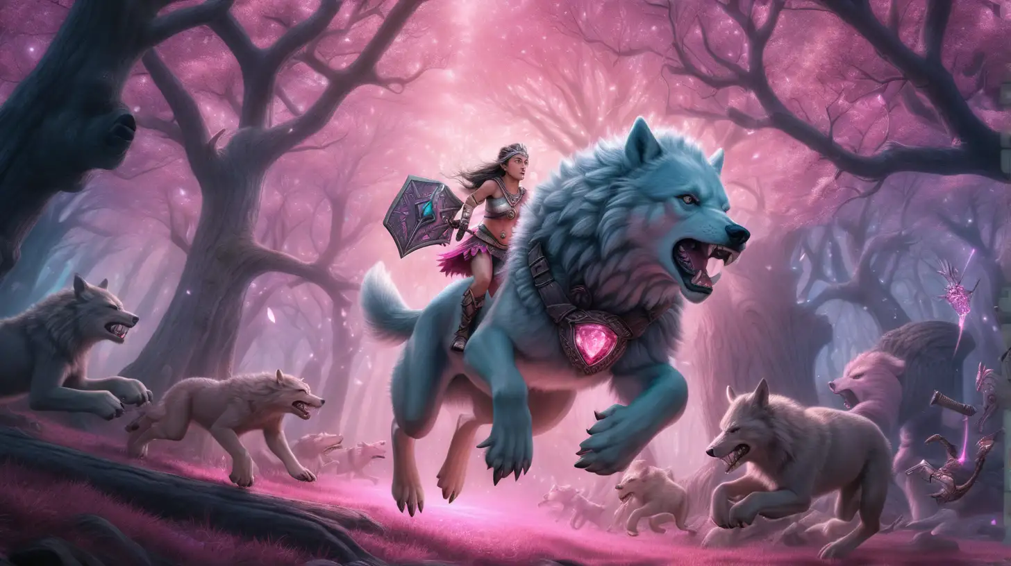 Aerial view of a warrior maiden on a dire wolf sprinting through a twilight forest with pink glowing crystal fragments on ancient oaks, ambushed by goblins, MMORPG style, pastel style, dark fantasy setting --ar 16:9