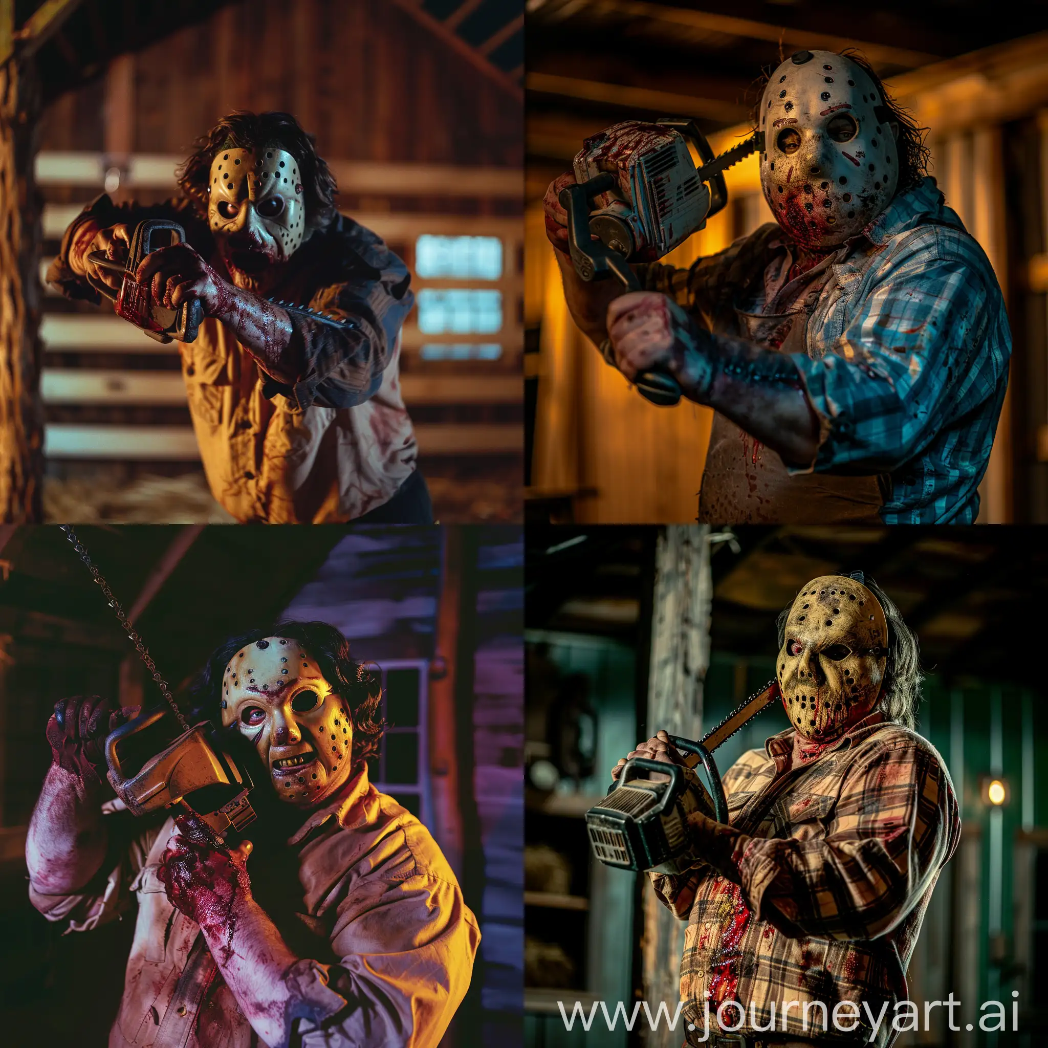 Man with horrible mask has a chainsaw in his hand, coming, dark eerie farm, hillbilly killer, bloody attire, 1970's view, colored, cinematic lighting, realistic image