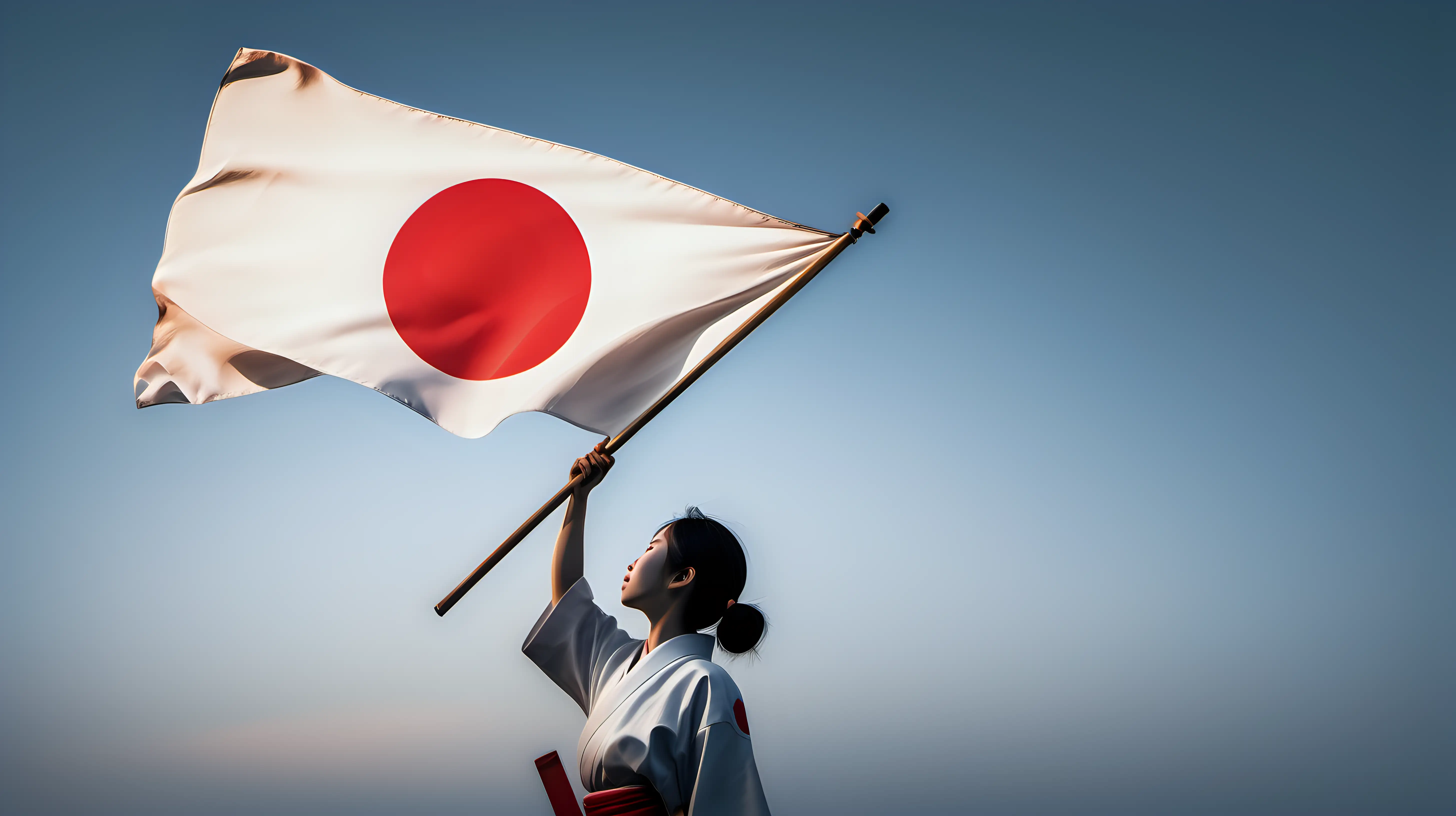 Illustrate the essence of national pride with an image of a person holding the Japanese flag high, symbolizing unwavering dedication to their country.