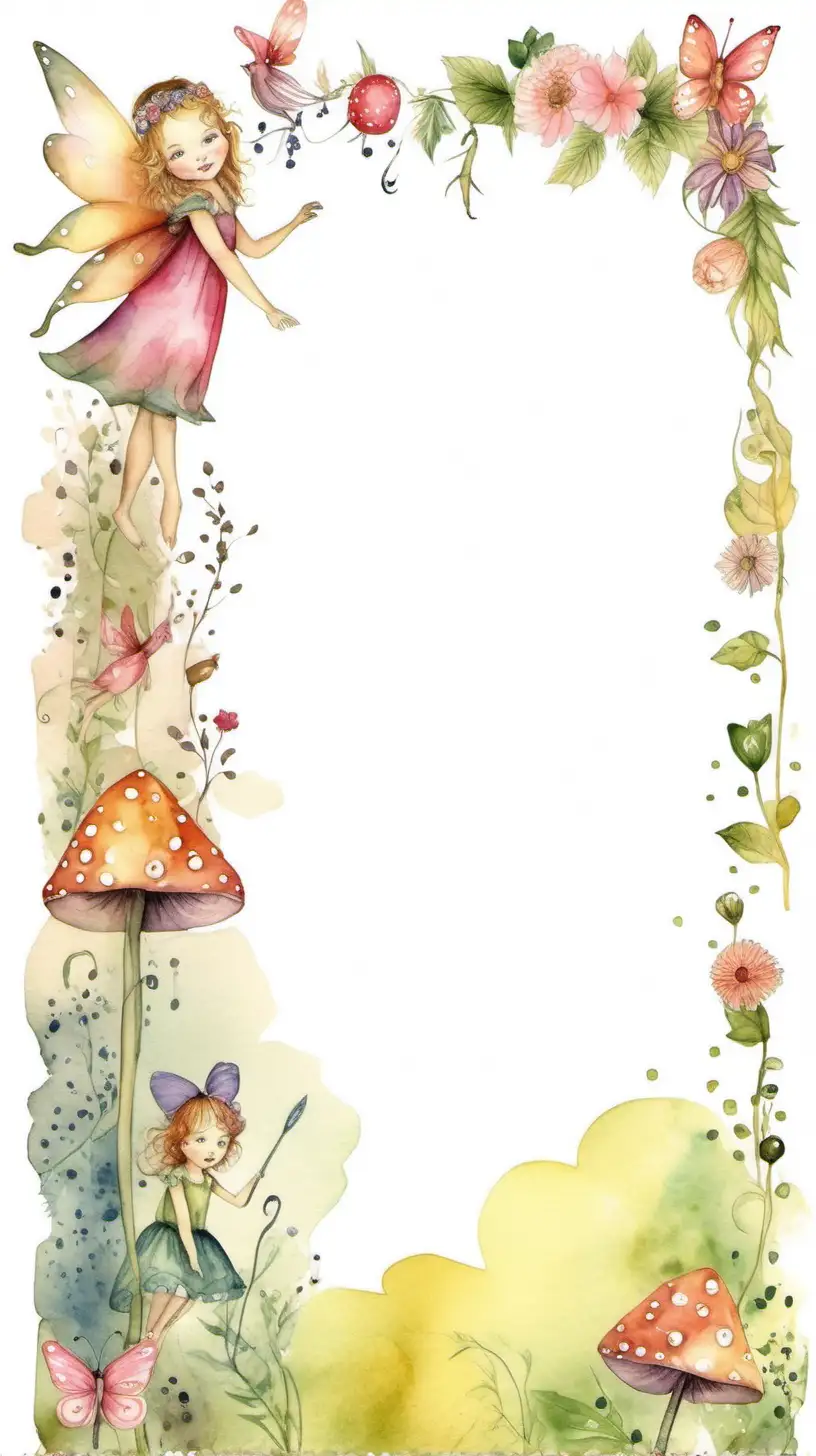 cute whimsical, fairy page border, vintage, Watercolor, High Quality, isolated on background, suitable for clipart