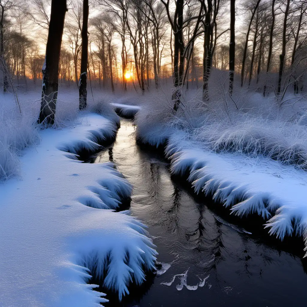 A snowy winters day, in the woods , a long forzen small stream running through it, frozen,  sunrise , beautiful sky