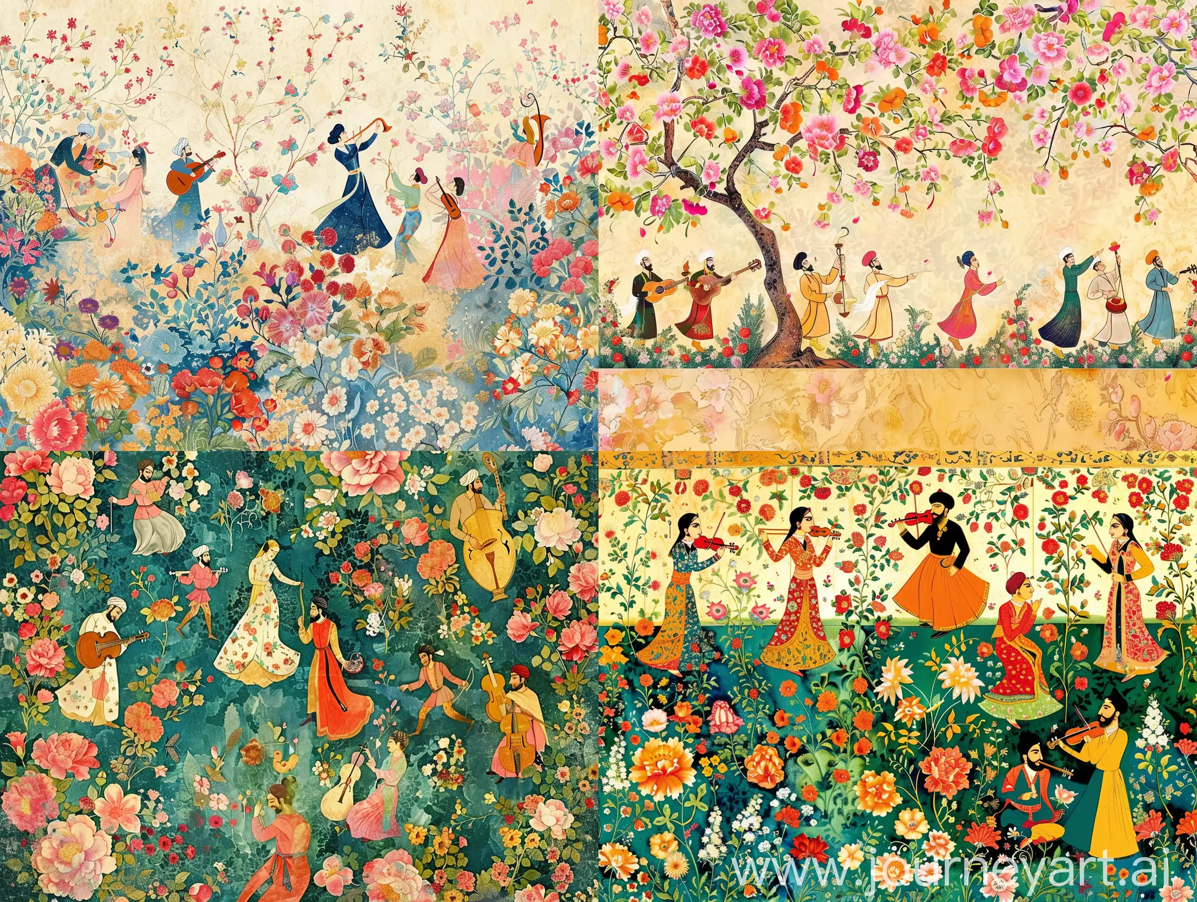 یک بنر خیلی واید برای سایت  میخوام با طرح گل و بوته ایرانی و رنگهای نقاشی مینیاتور ایرانی دوره شاه طهماسب و مطرب و نوازنده و زوج های رقصان