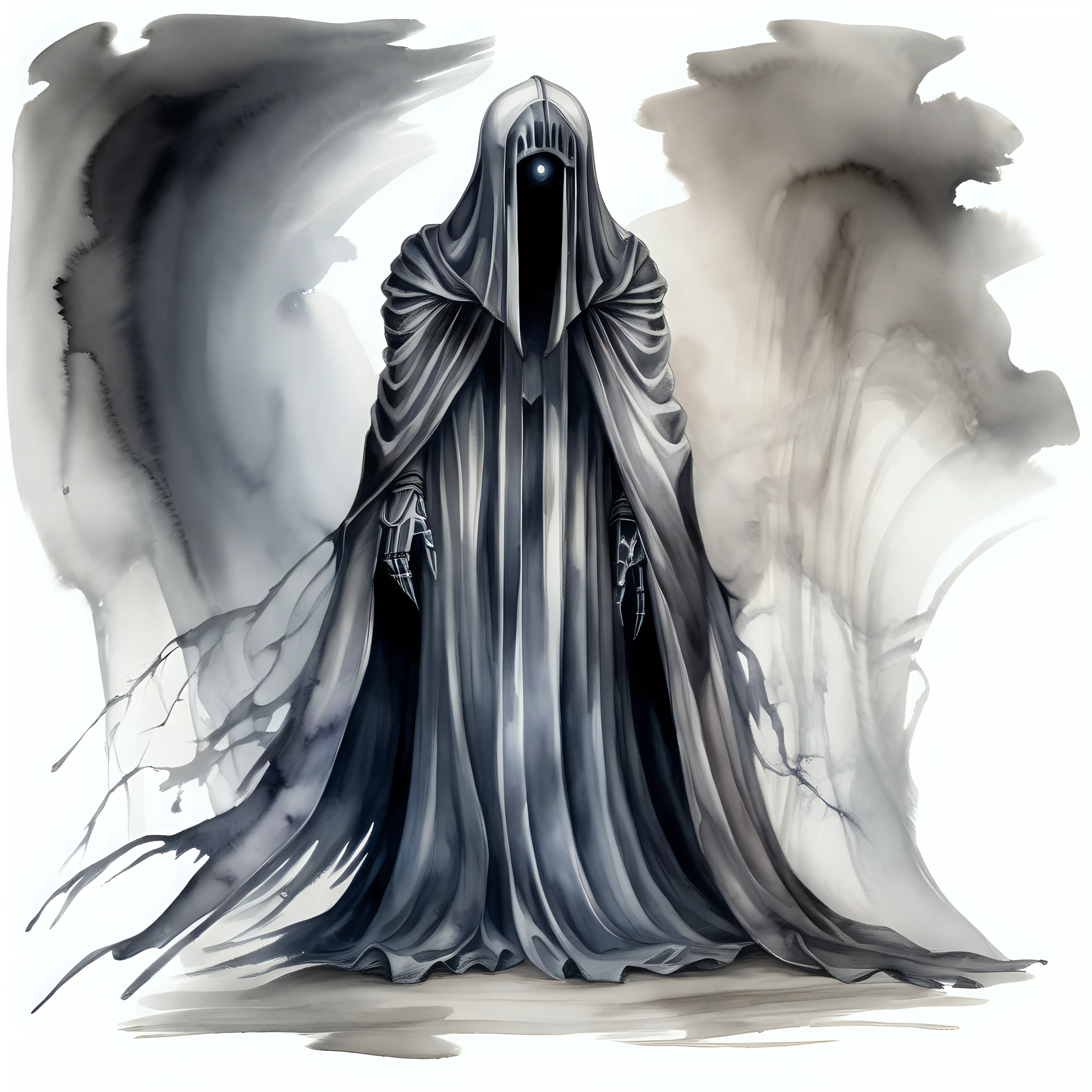 full robed ghostly wraith with helmet, dark watercolor drawing, no background
