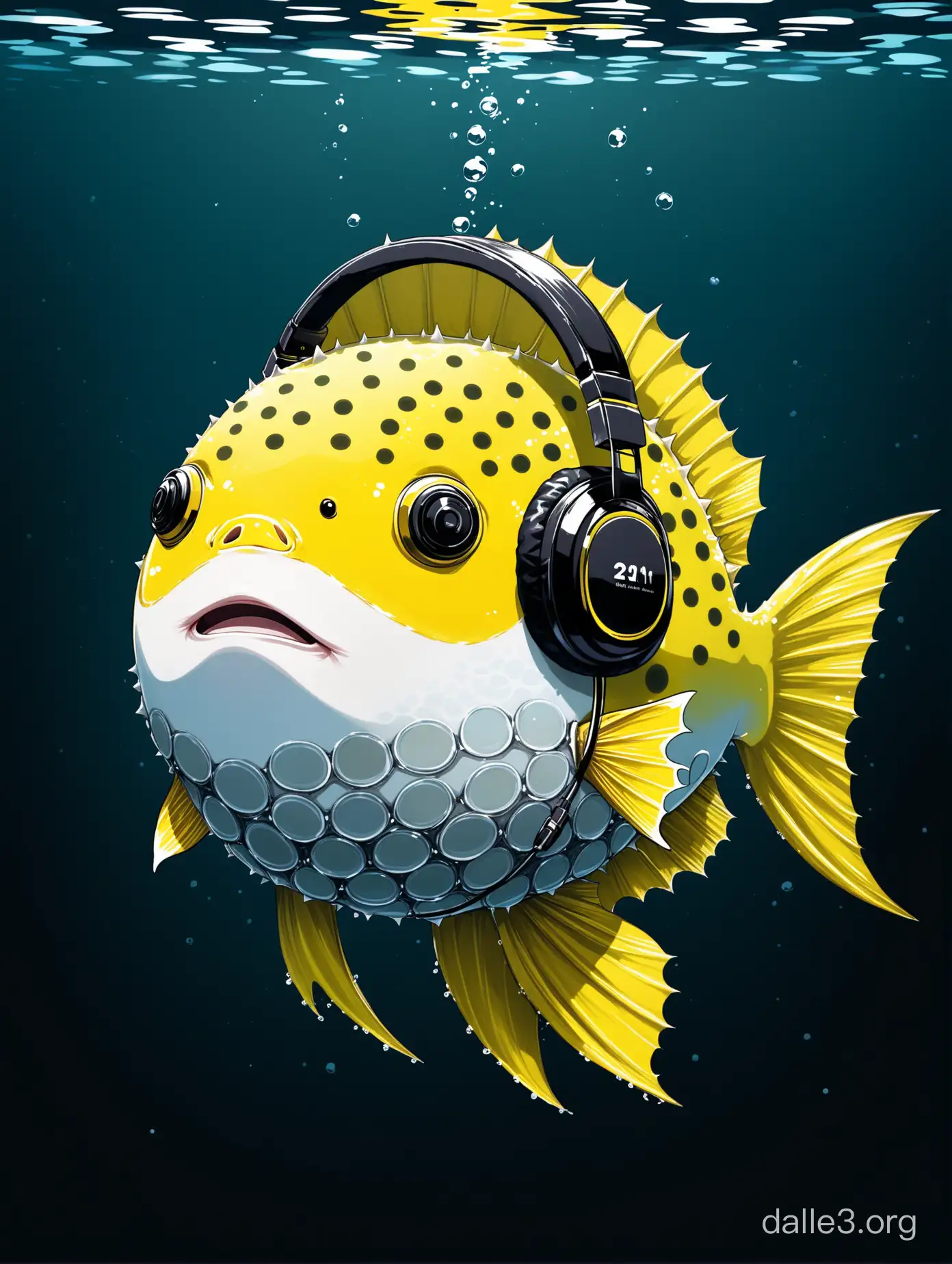 Yellow fugu fish with headphones, deep water, dark background, a4