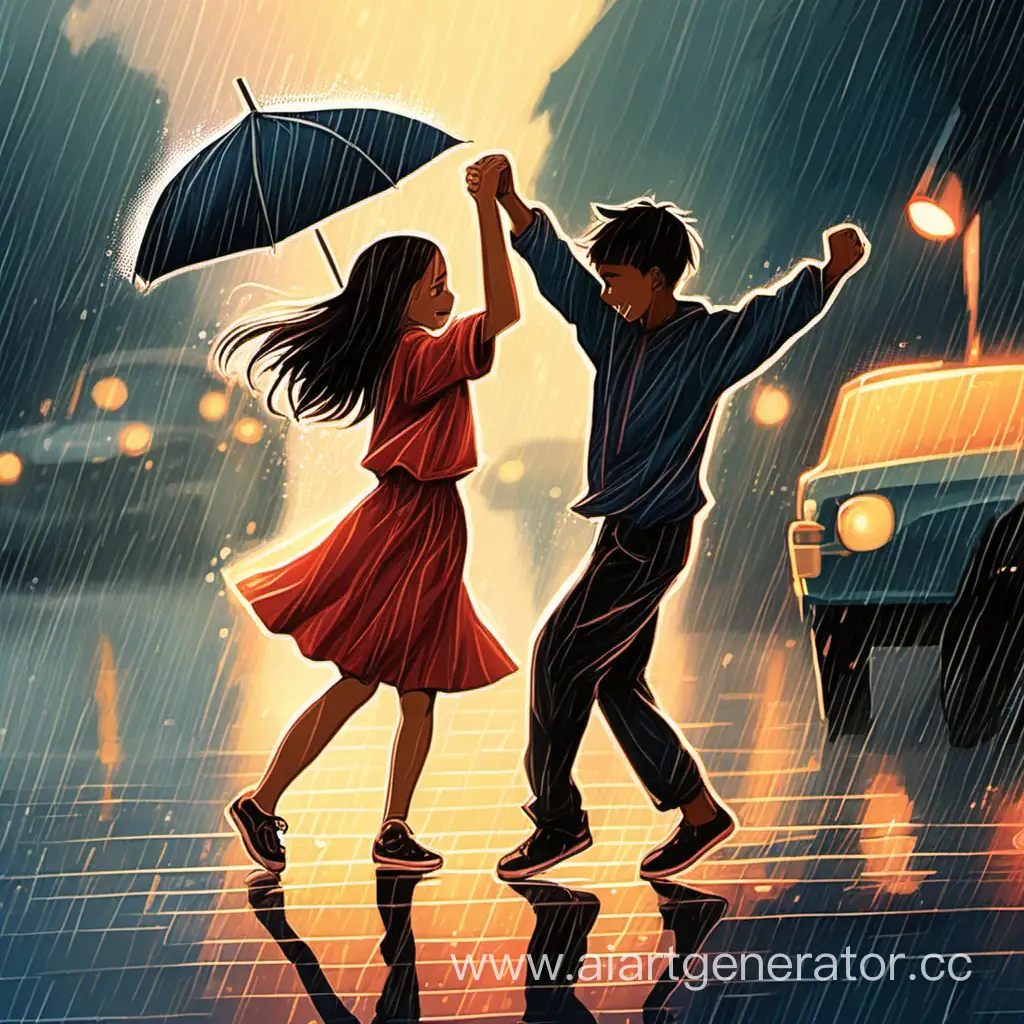 A boy and a girl are dancing in the rain in the evening.