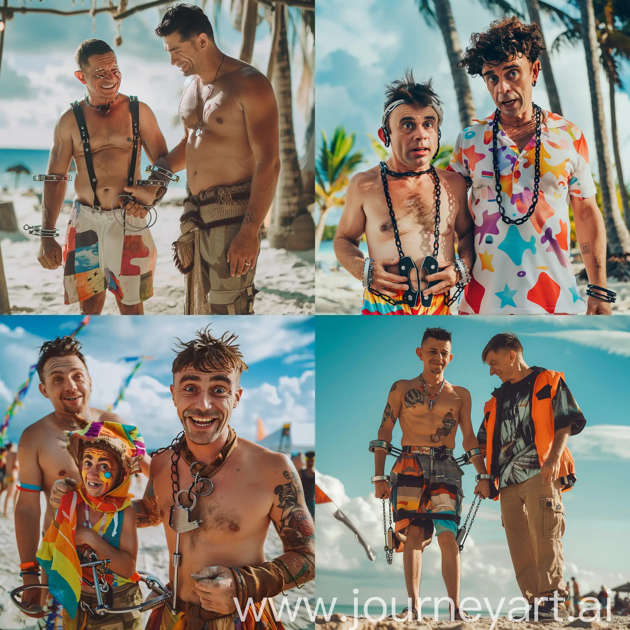 Dwarf-Man-in-Costume-Handcuffed-to-Tall-Man-on-Beach-Party
