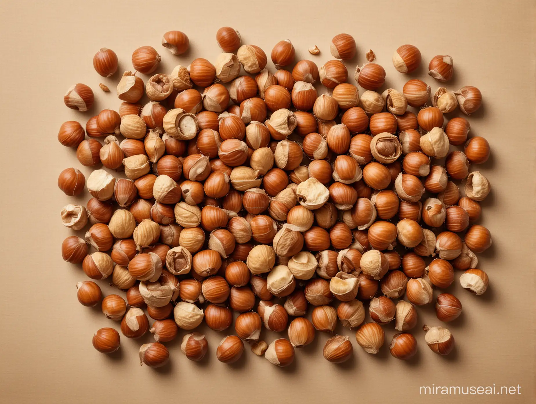 Studio photography with a single color background of hazelnuts