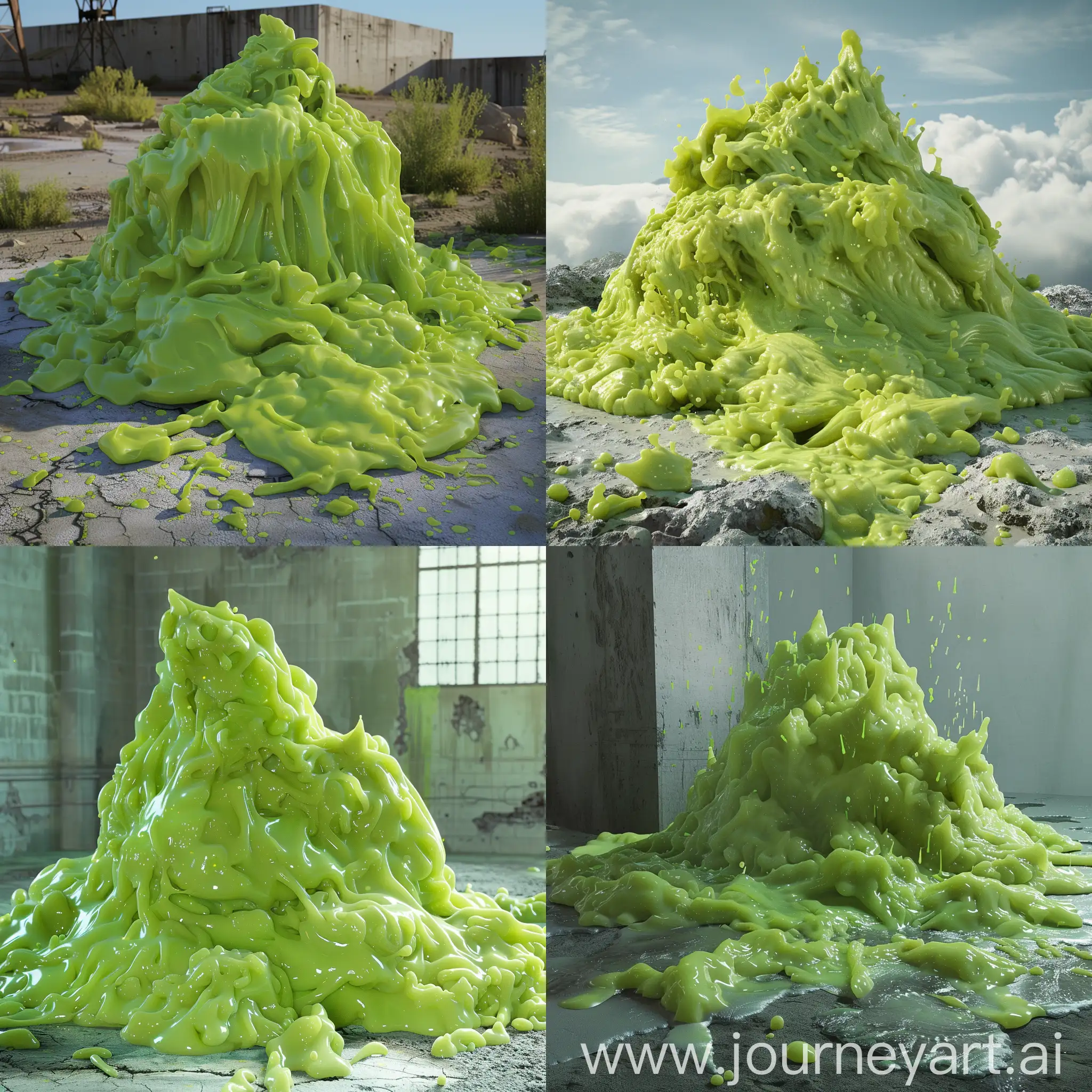 A huge pile of lime green slime on bedrock, pool of green slime, a lime green slime being, alive slime, steampunk, detailed, 3D photo, photorealistic.