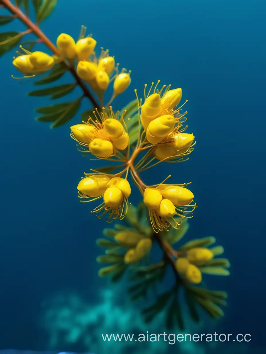 Vibrant-Acacia-Yellow-Flower-CloseUp-Floating-in-Serene-Blue-Water
