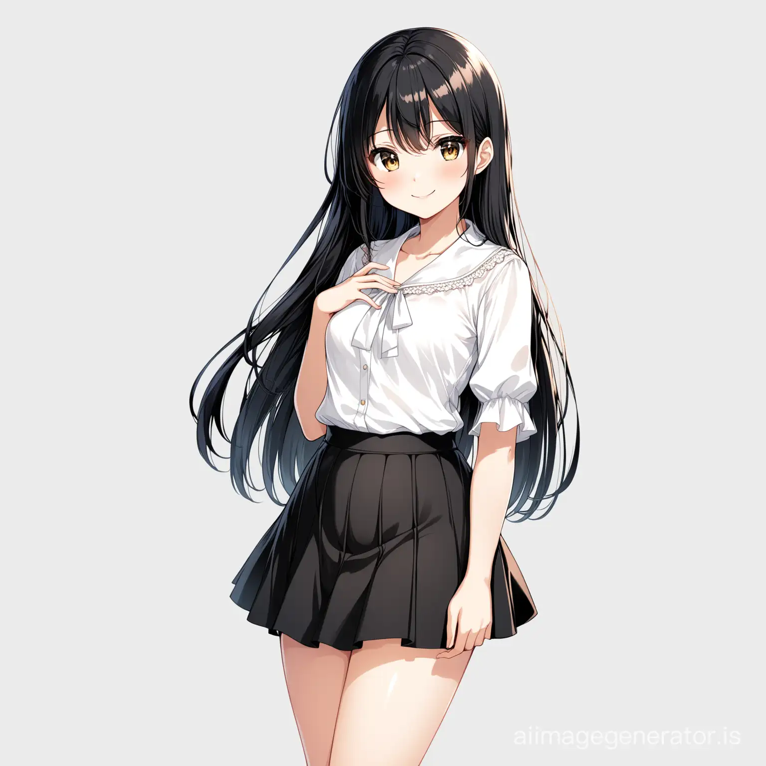 Anime girl with black skirt and white medium-size blouse-top, tummy is visible, with small but beautiful breasts, with black long smooth hair, her hand under skirt, with a smile, transparent background